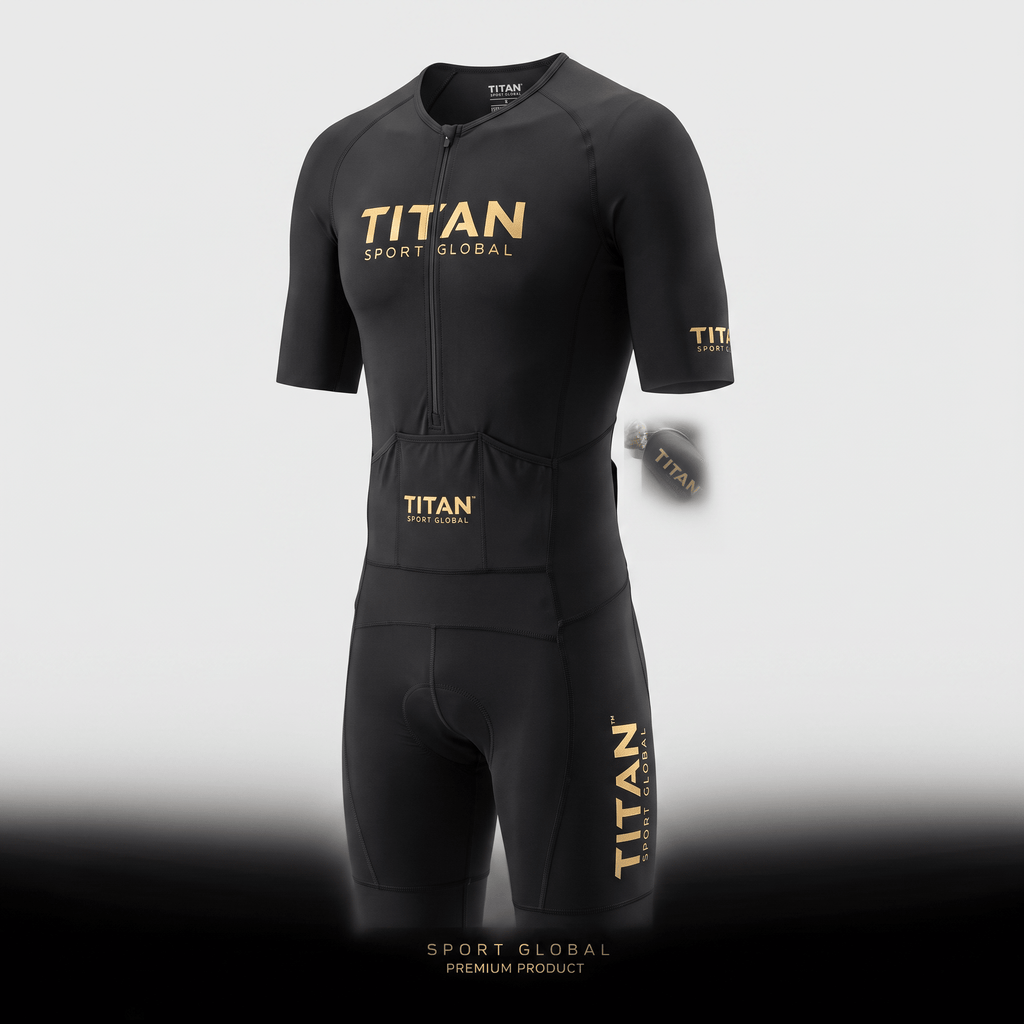 Black Titan Sport Global short sleeve triathlon suit with gold branding and front zip.