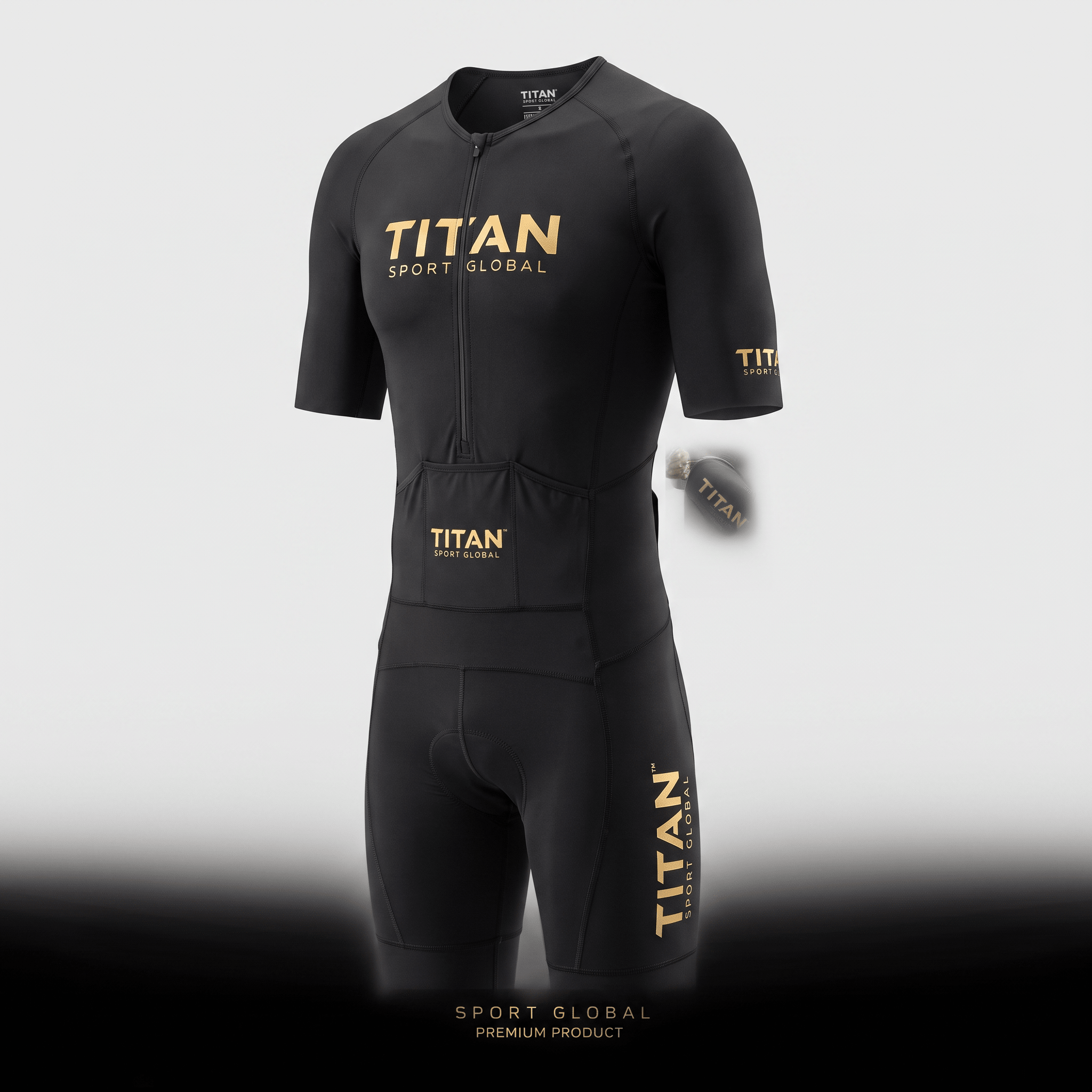 Black Titan Sport Global short sleeve triathlon suit with gold branding and front zip.