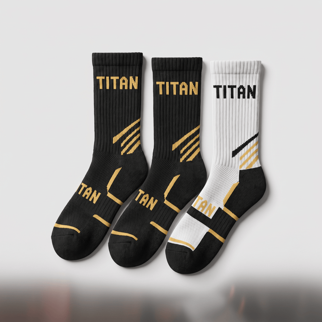 Three athletic crew socks with TITAN branding in black, white, and gold stripe details.