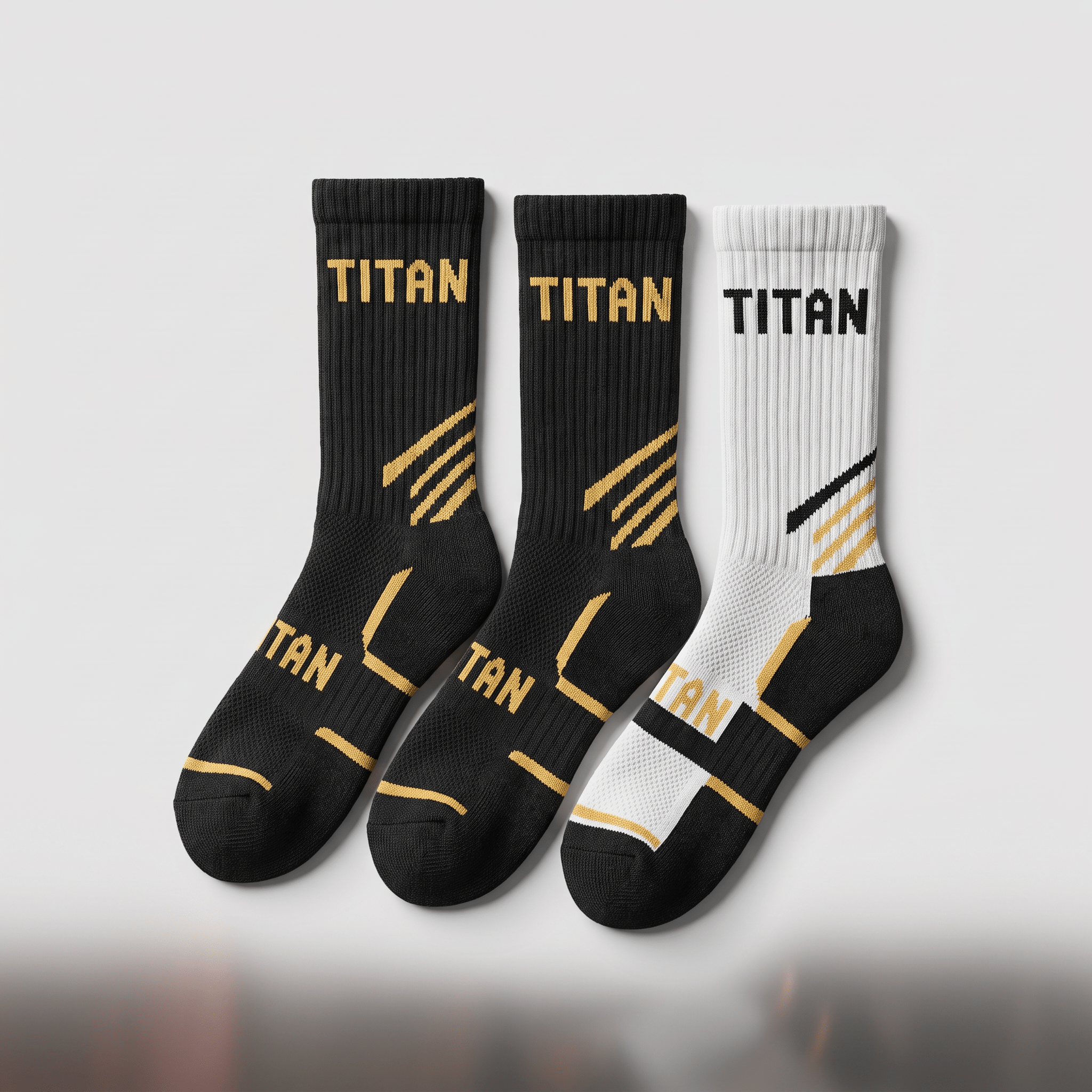 Three athletic crew socks with TITAN branding in black, white, and gold stripe details.