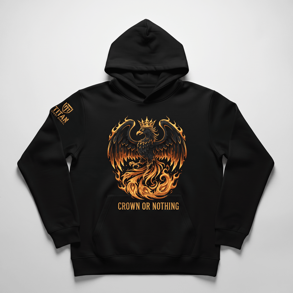 Black hoodie with gold phoenix graphic and Crown or Nothing text on a light background.