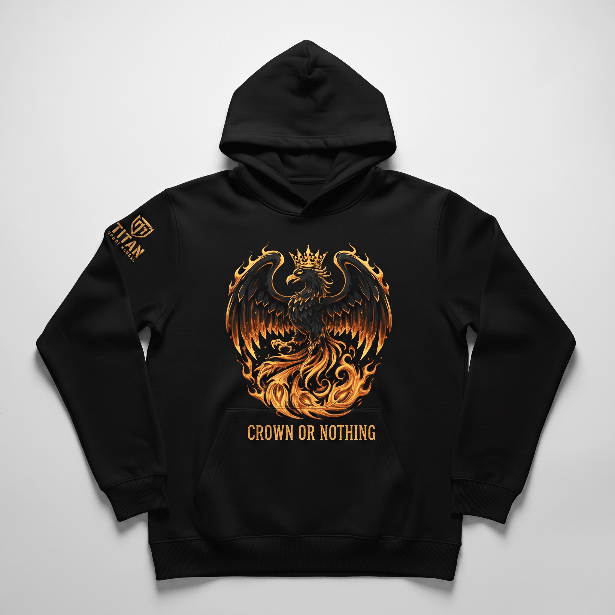 Black hoodie with gold phoenix graphic and Crown or Nothing text on a light background.
