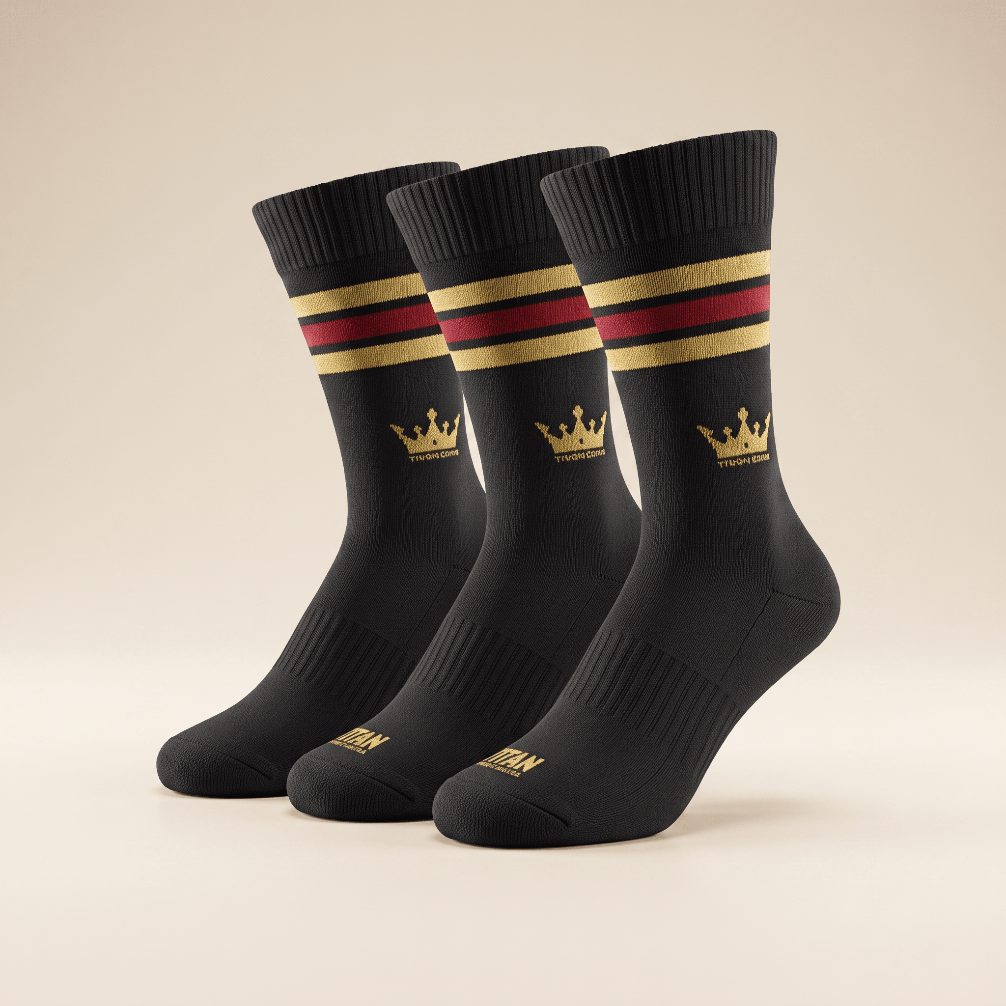 Three black crew socks with gold and red stripes and gold crown logos on a neutral background.