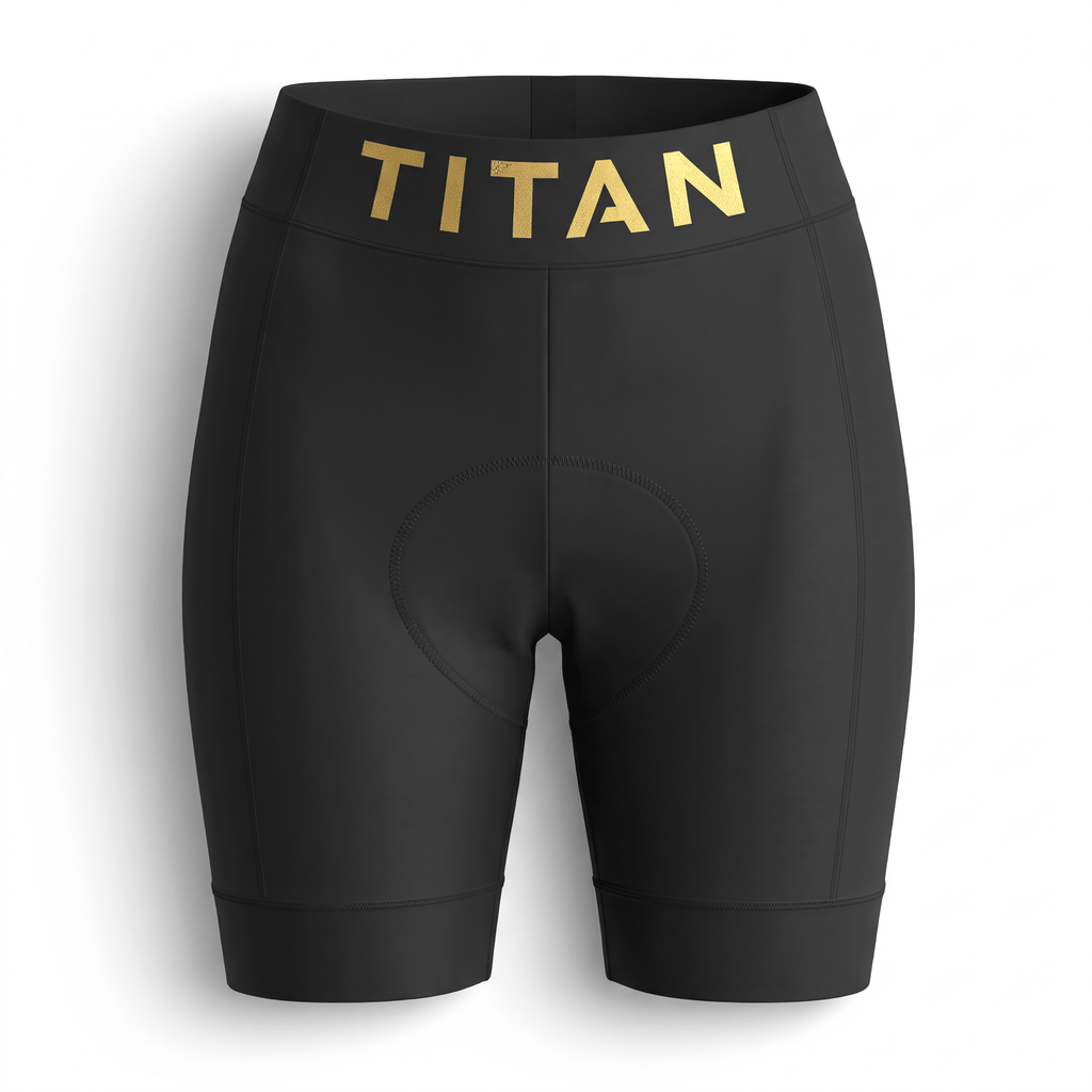 Black cycling shorts with a padded chamois and gold Titan branding on the waistband.