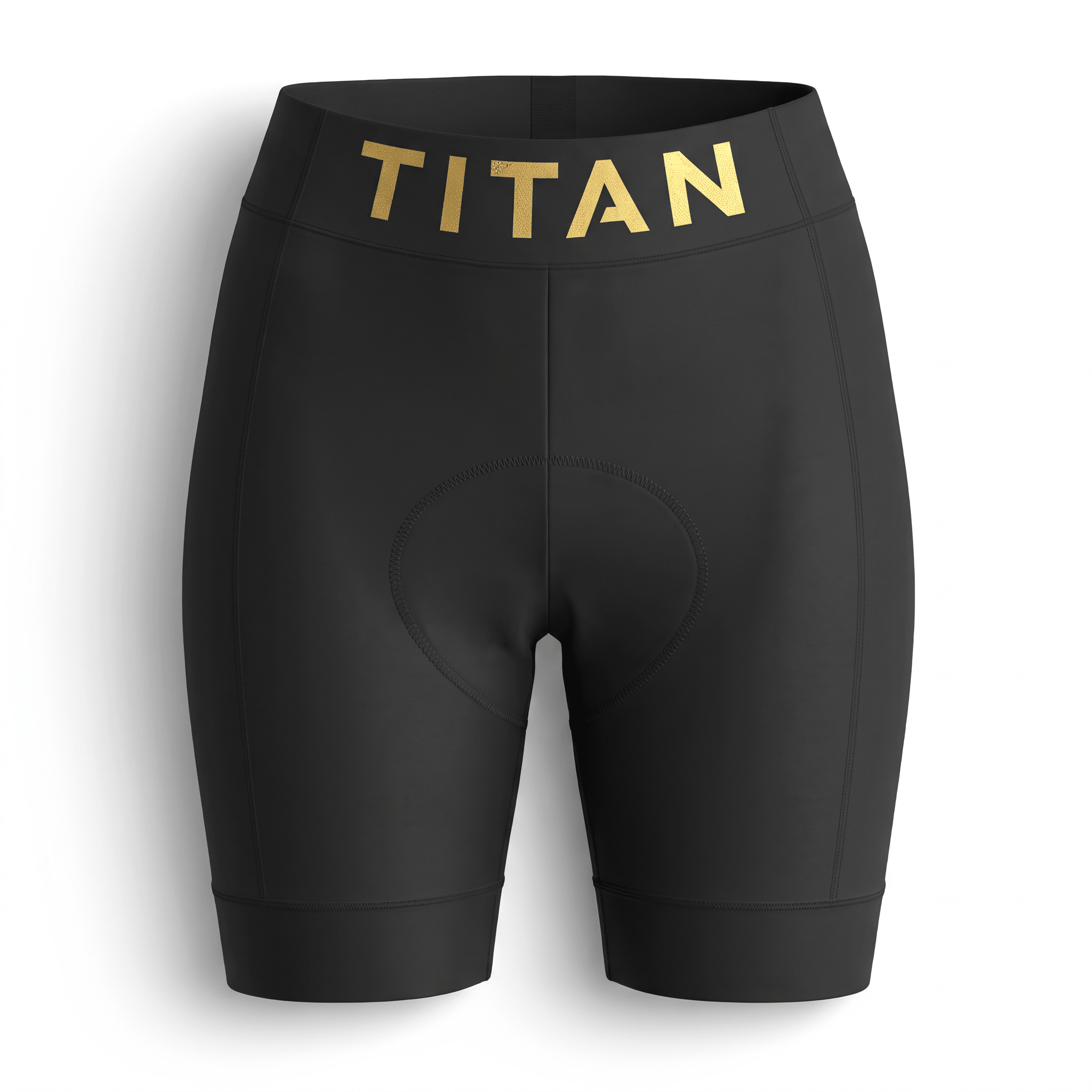 Black cycling shorts with a padded chamois and gold Titan branding on the waistband.