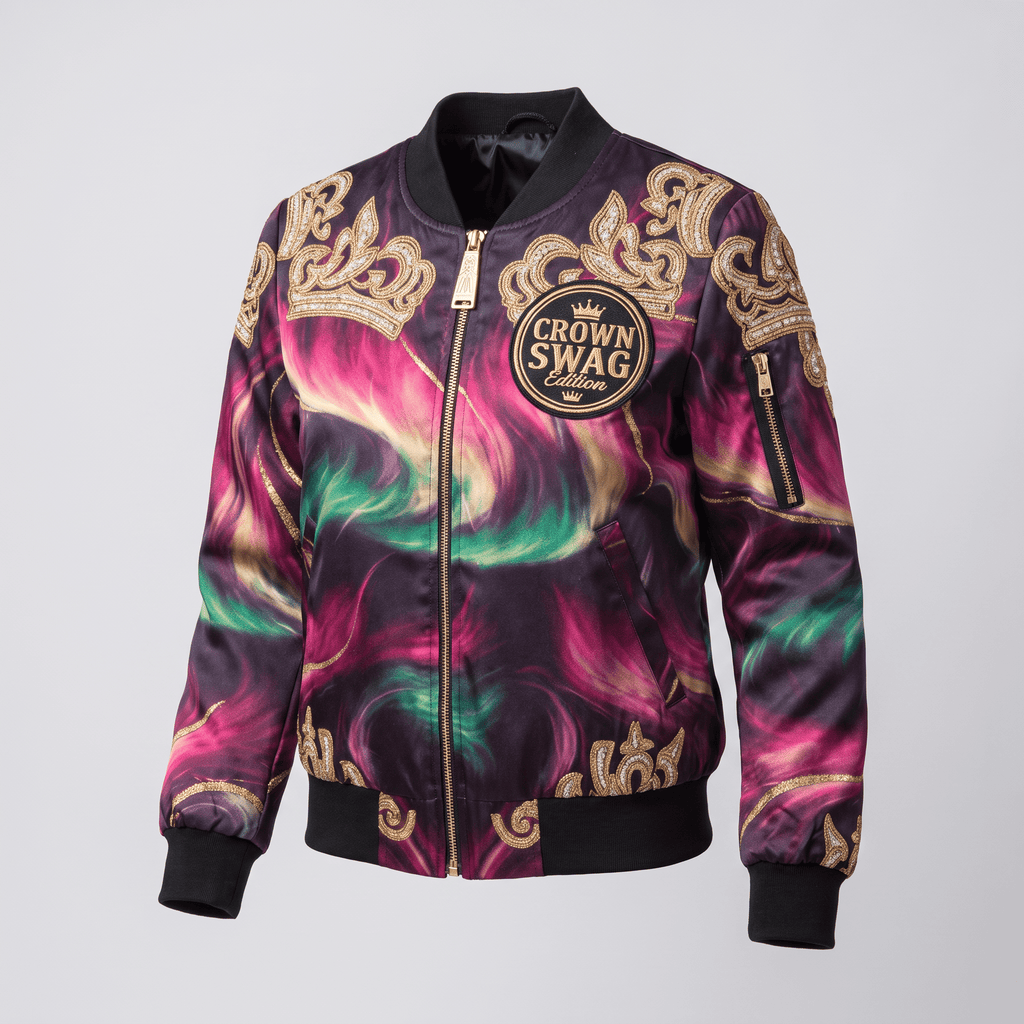 Crown Swag Edition bomber jacket in purple, green, and gold with abstract print and gold embroidery.