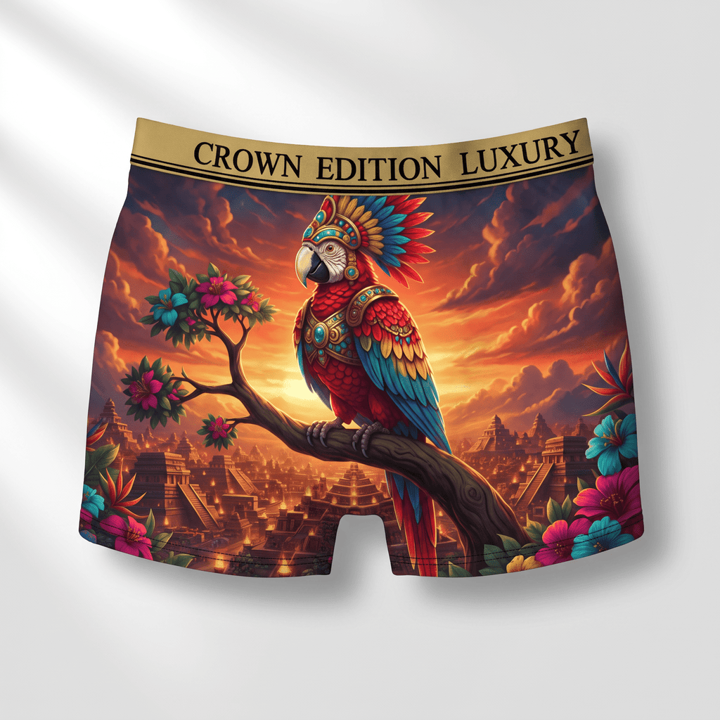 Crown Edition Luxury boxer briefs with colorful parrot and Mayan pyramid sunset scene.