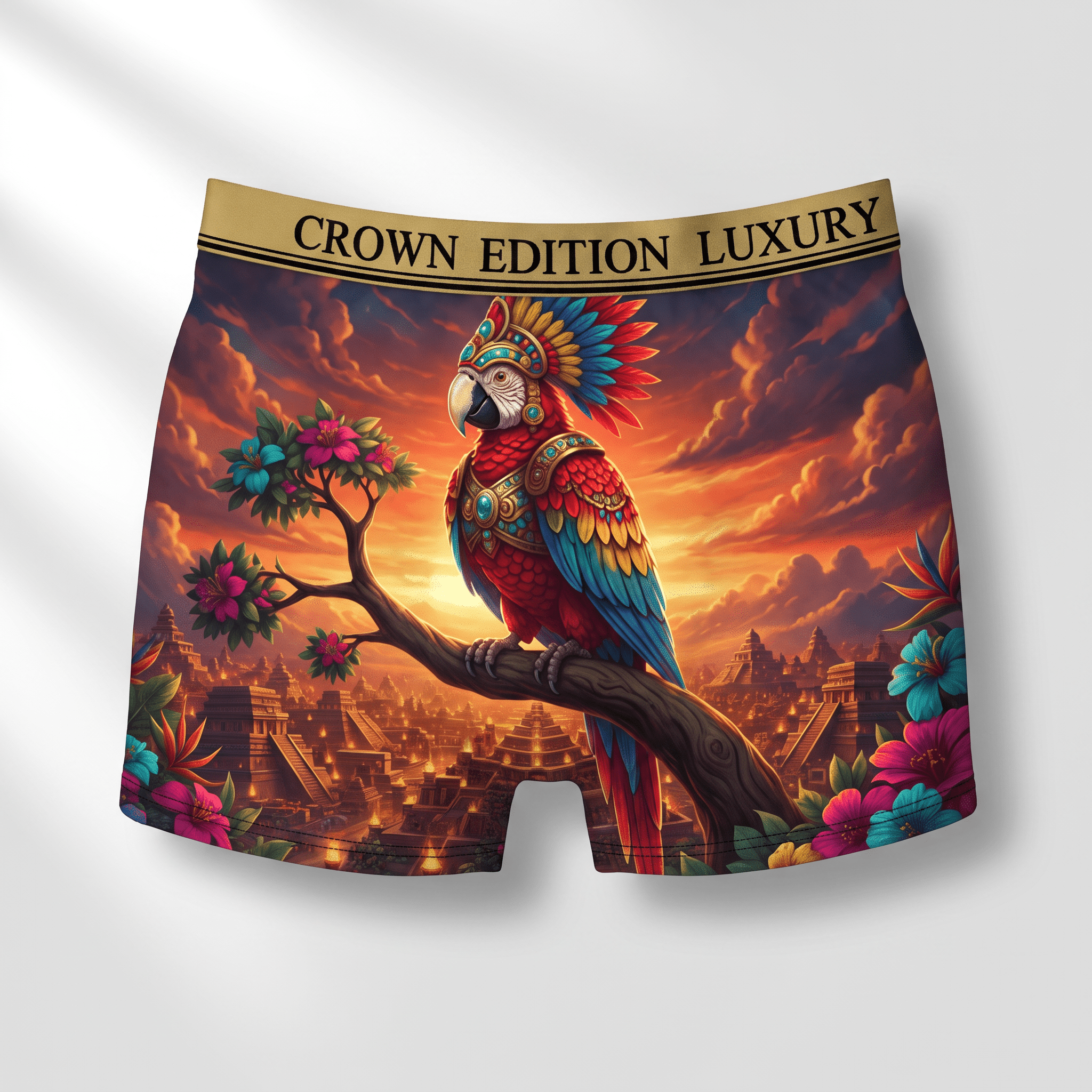 Crown Edition Luxury boxer briefs with colorful parrot and Mayan pyramid sunset scene.
