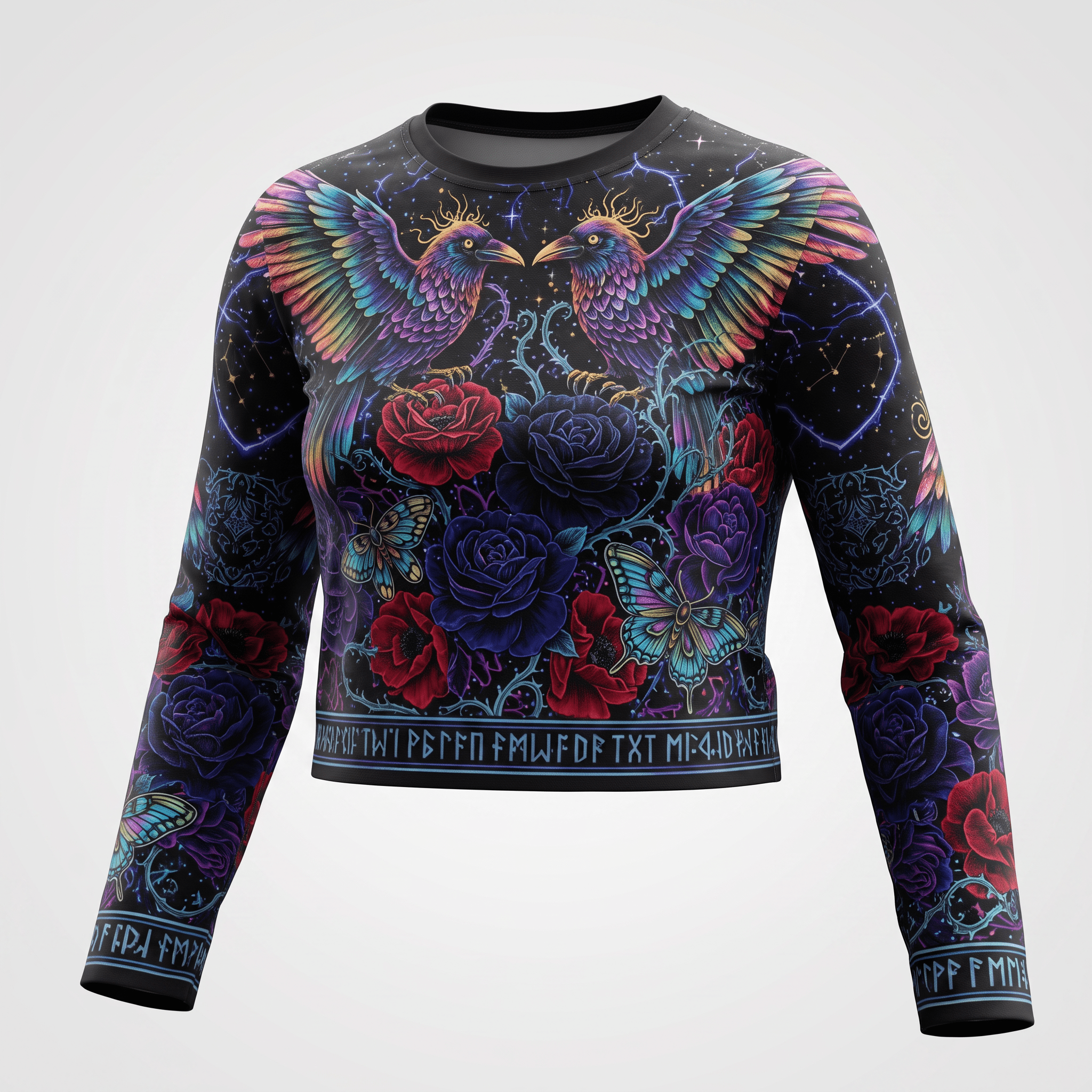 Black long-sleeve crop top with colorful ravens, roses, butterflies, and rune borders.