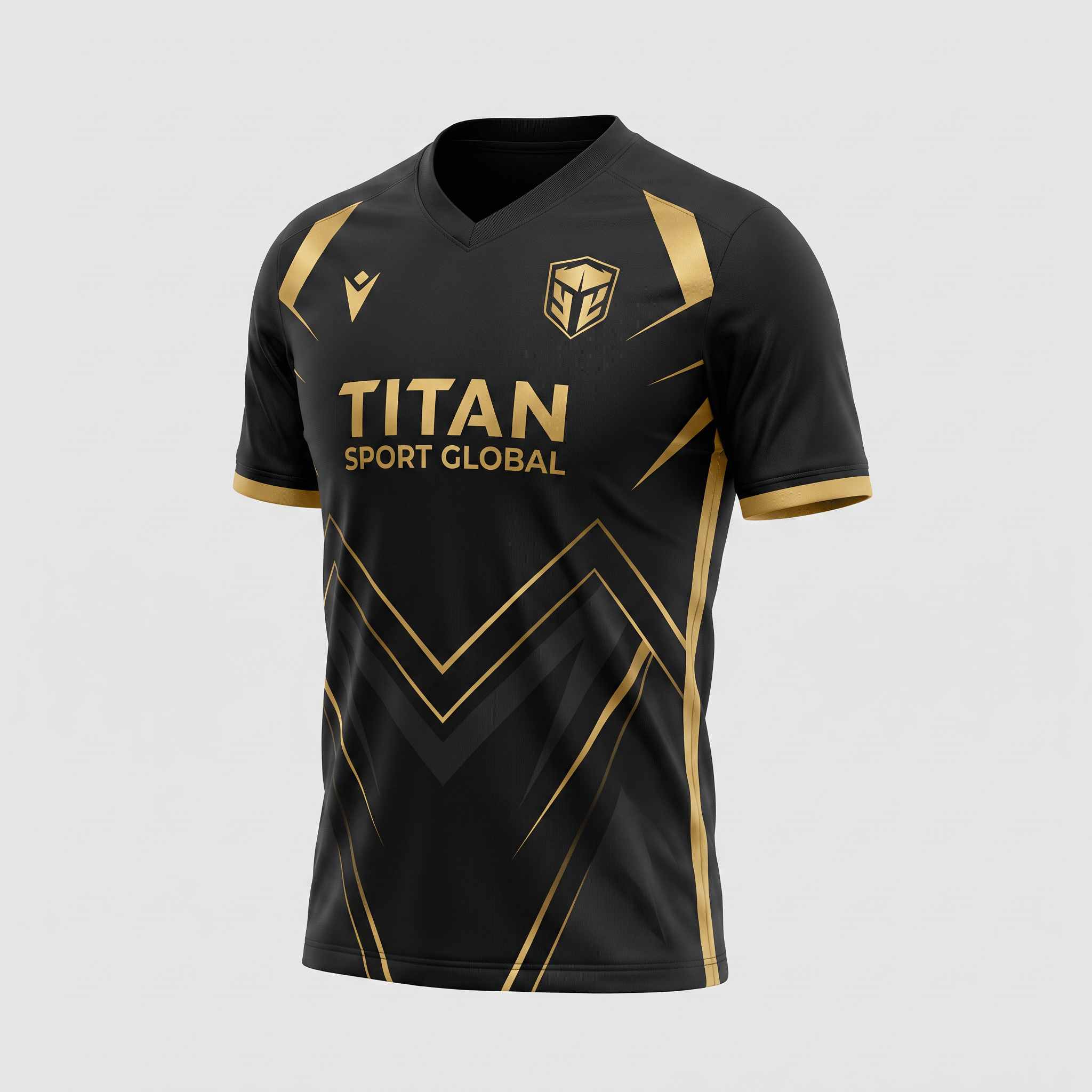 Black and gold Titan Sport Global sports jersey with V-neck and geometric chevron design.