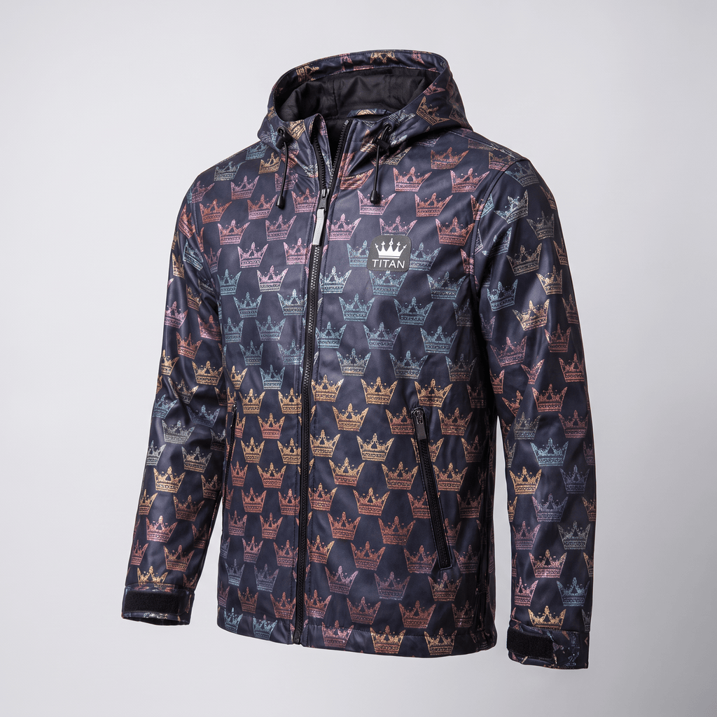 Black hooded waterproof jacket with a colorful crown pattern and Titan logo on the chest.