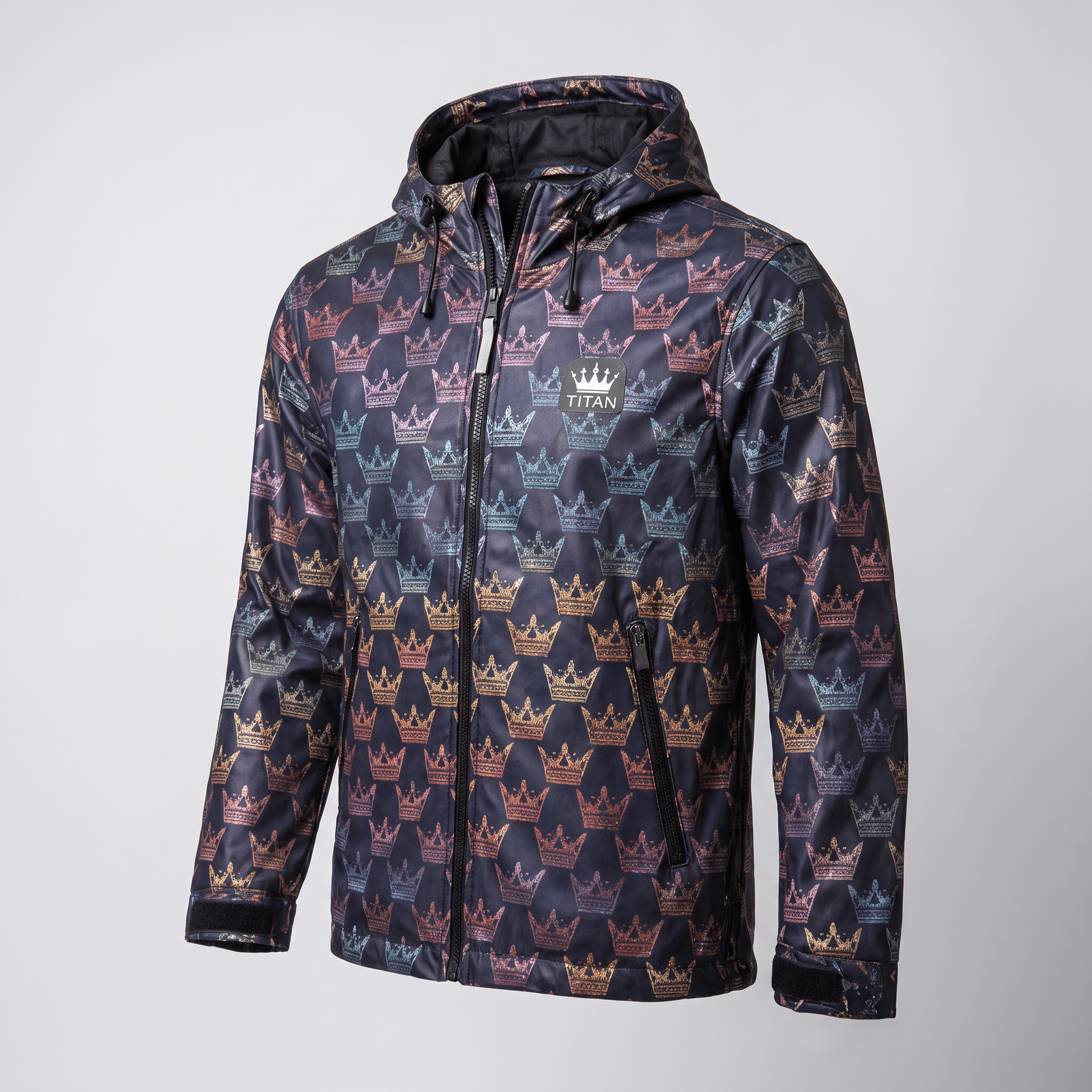 Black hooded waterproof jacket with a colorful crown pattern and Titan logo on the chest.