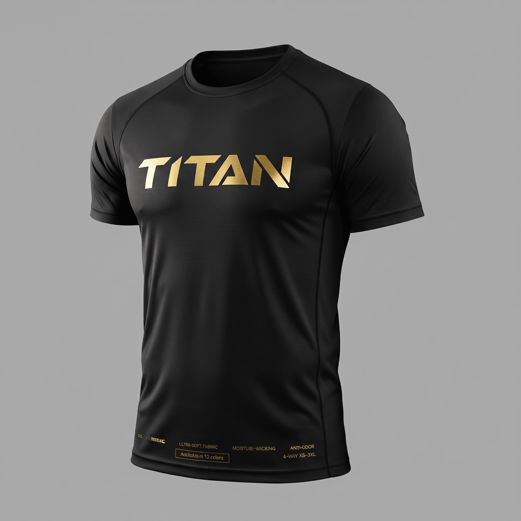 Black athletic short-sleeve t-shirt with gold TITAN logo and feature text on front.