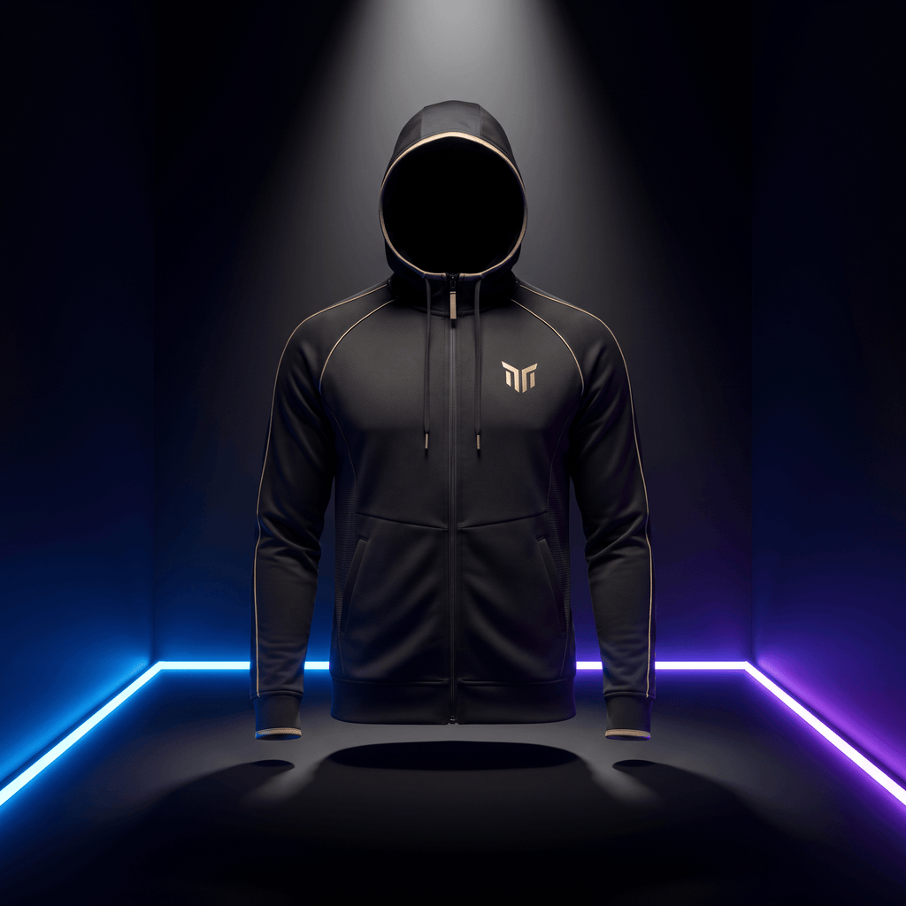 Black athletic zip-up hoodie with gold trim and emblem, displayed in a dark studio with neon floor lighting.