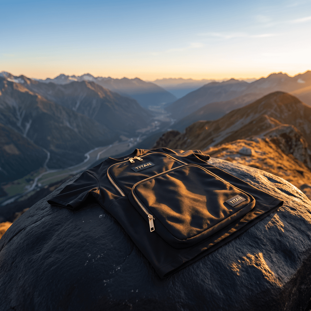 Black short-sleeved shirt with gold zippers and "TITAN" logo, displayed on a mountain rock at sunset.