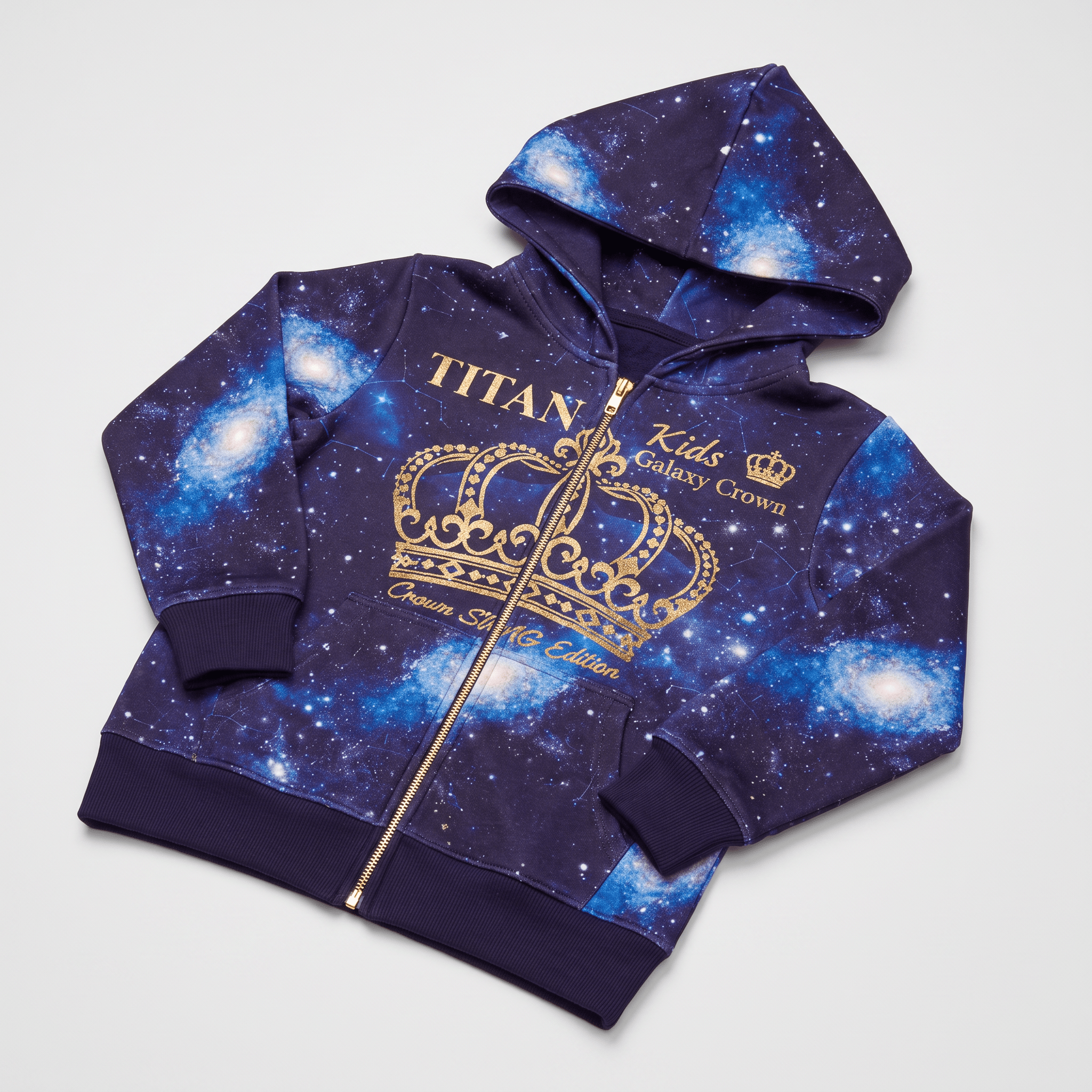 Blue galaxy print kids zip-up hoodie with gold crown graphic and Titan Kids branding.
