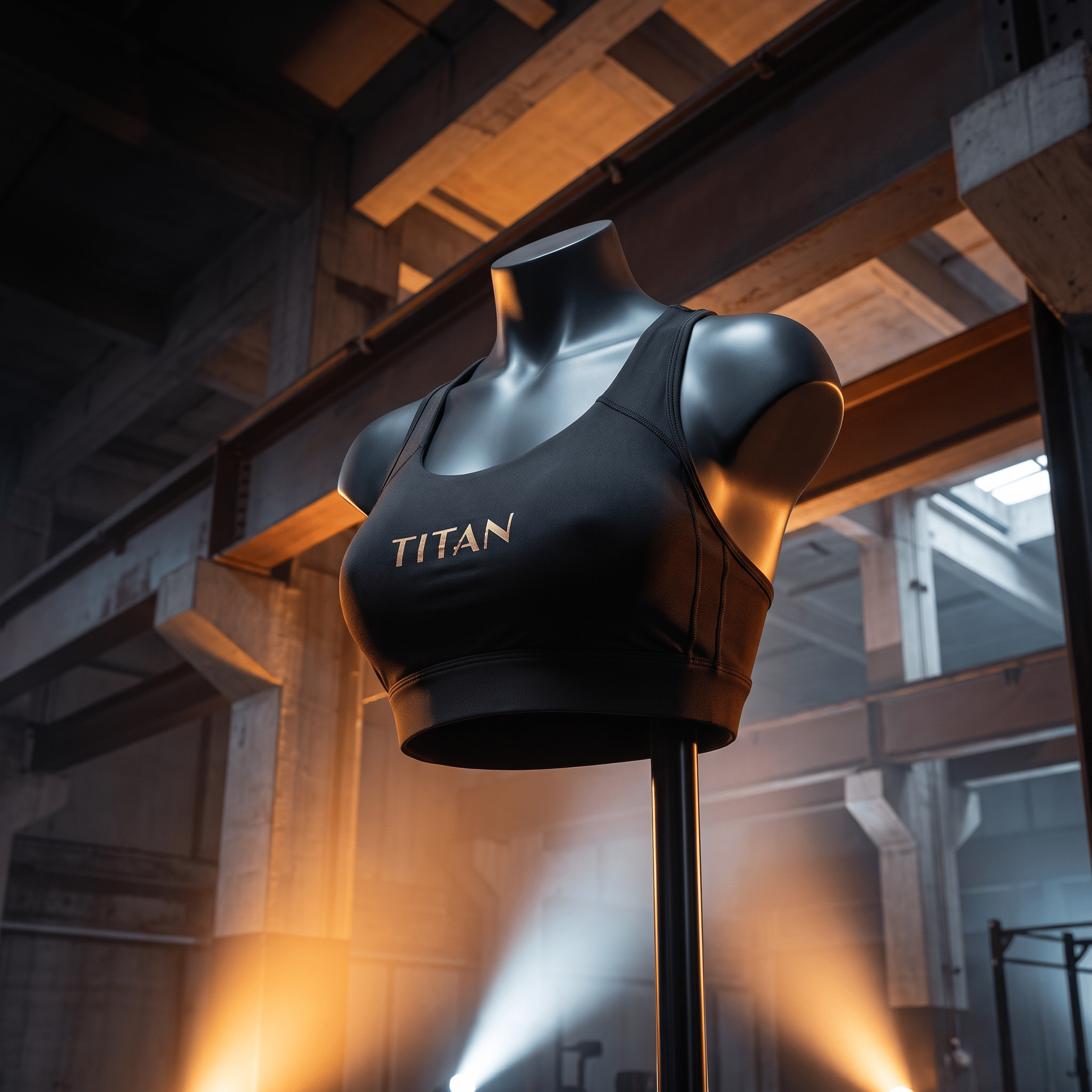 Black sports bra with gold "TITAN" logo on a mannequin in a gym setting.