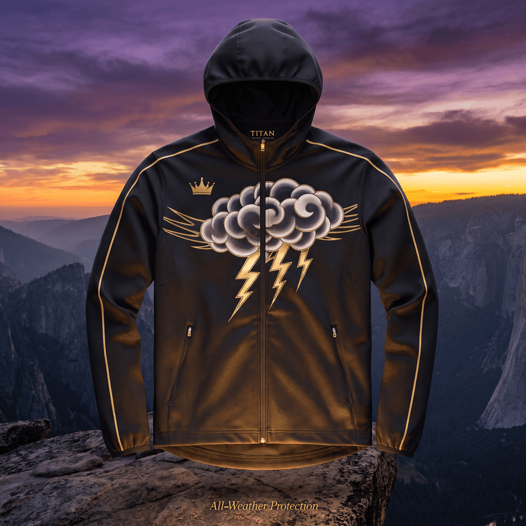 Black athletic zip-up hoodie featuring a gold cloud, lightning, and crown graphic against a mountain sunset background.