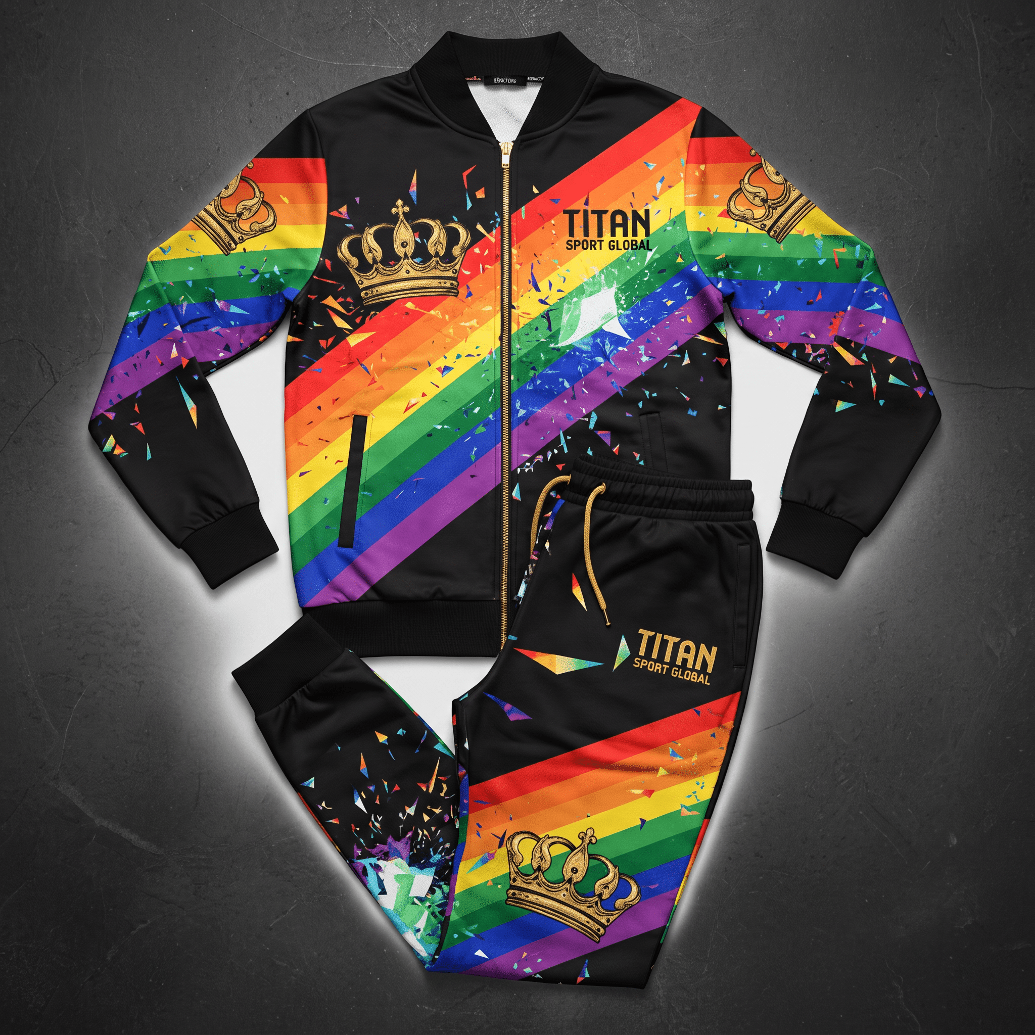 Black tracksuit with rainbow diagonal stripes, gold crown graphics, and Titan Sport Global text.