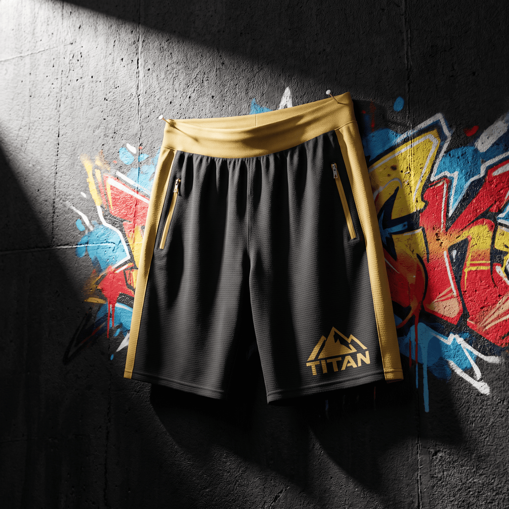 Charcoal and gold athletic shorts with zippered pockets and "TITAN" mountain logo against a graffiti concrete wall.