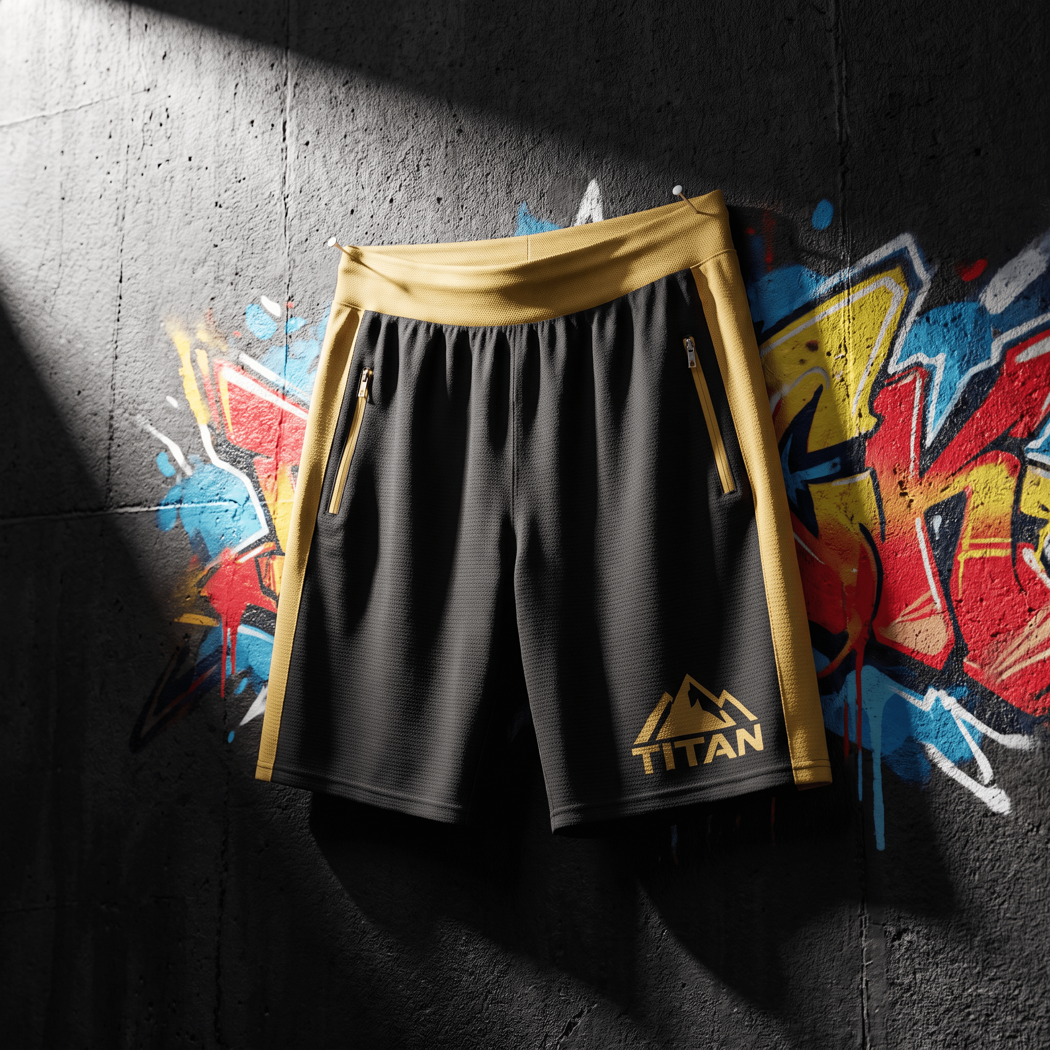 Charcoal and gold athletic shorts with zippered pockets and "TITAN" mountain logo against a graffiti concrete wall.