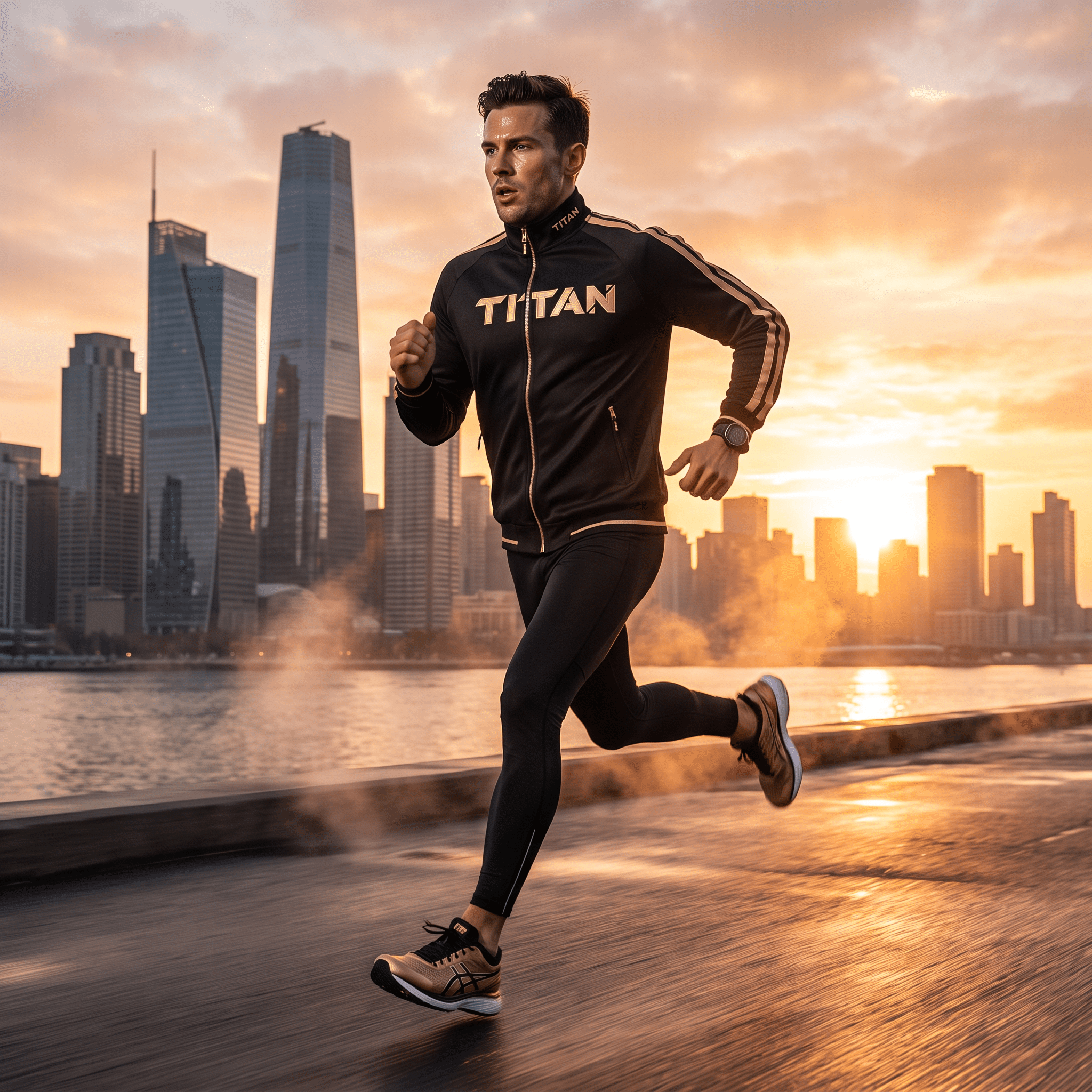 Male athlete running outdoors wearing a black and gold TITAN zip-up jacket against a city skyline at sunset.