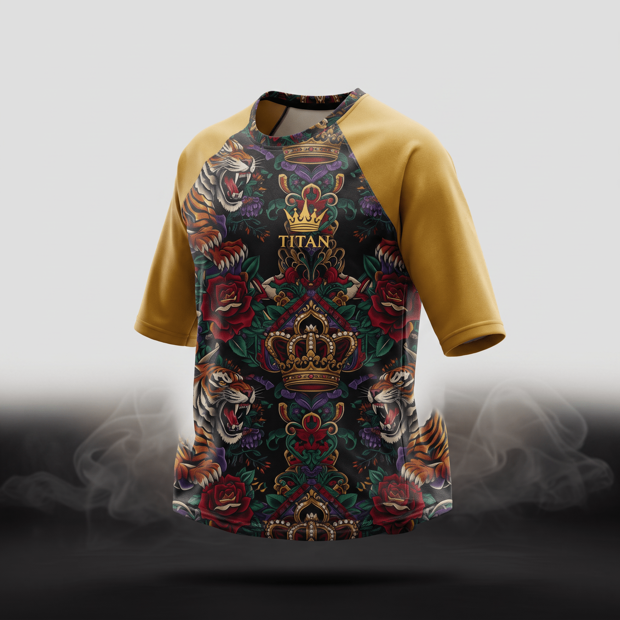 Gold raglan t-shirt with black graphic body featuring tigers, roses, crowns, and Titan branding.