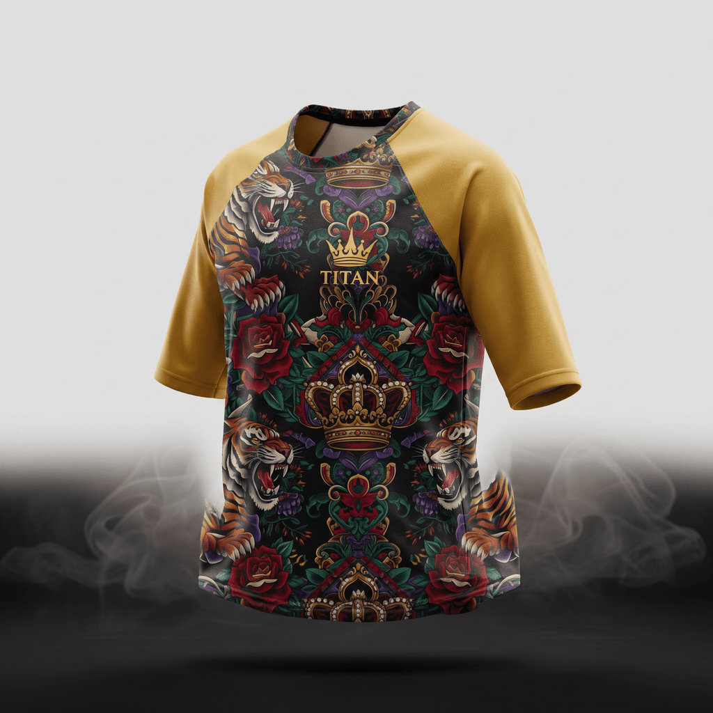 Gold and black raglan t-shirt with tiger, crown, and rose graphic print.