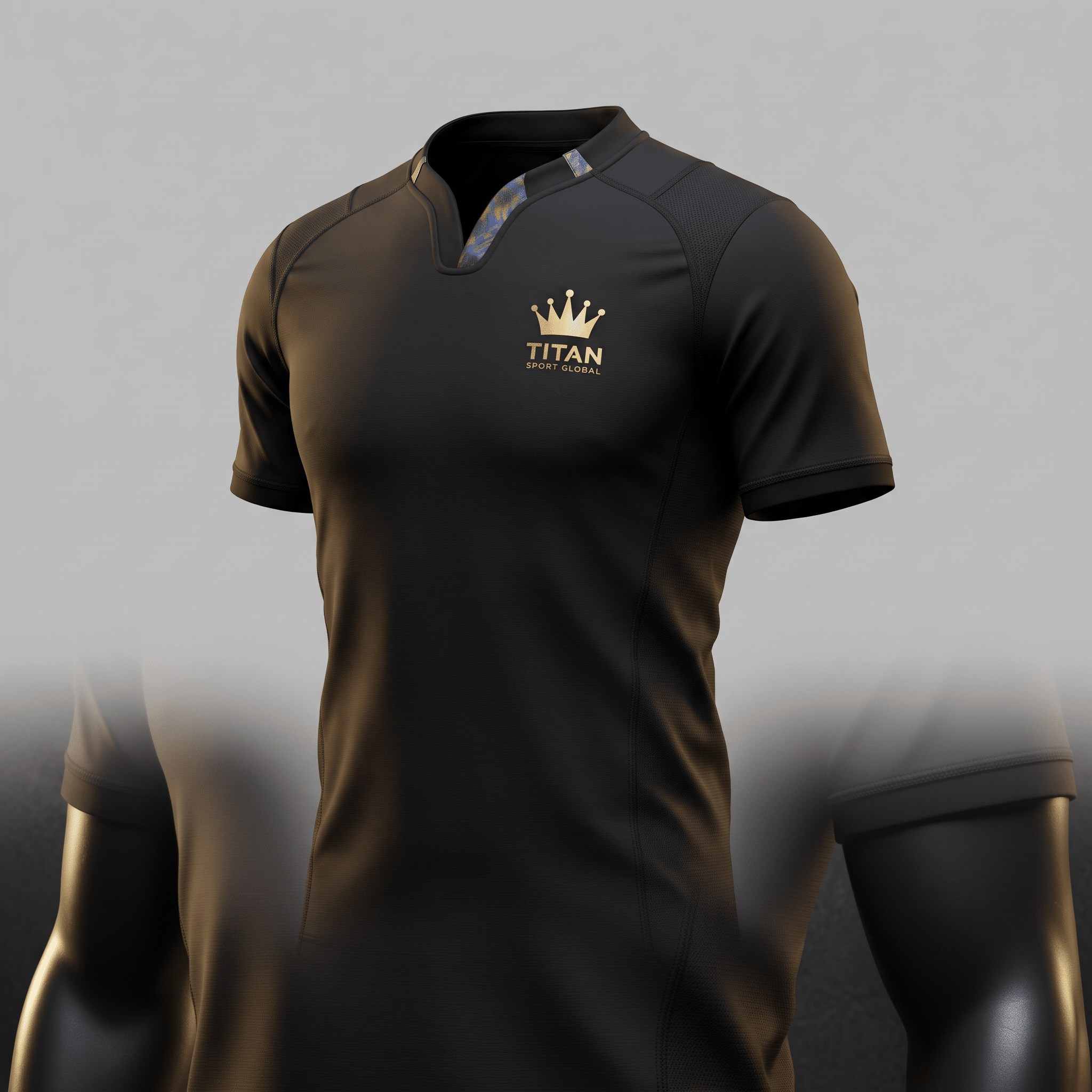 Black athletic t-shirt with a mandarin collar, gold crown logo, and Titan Sport Global text on chest.