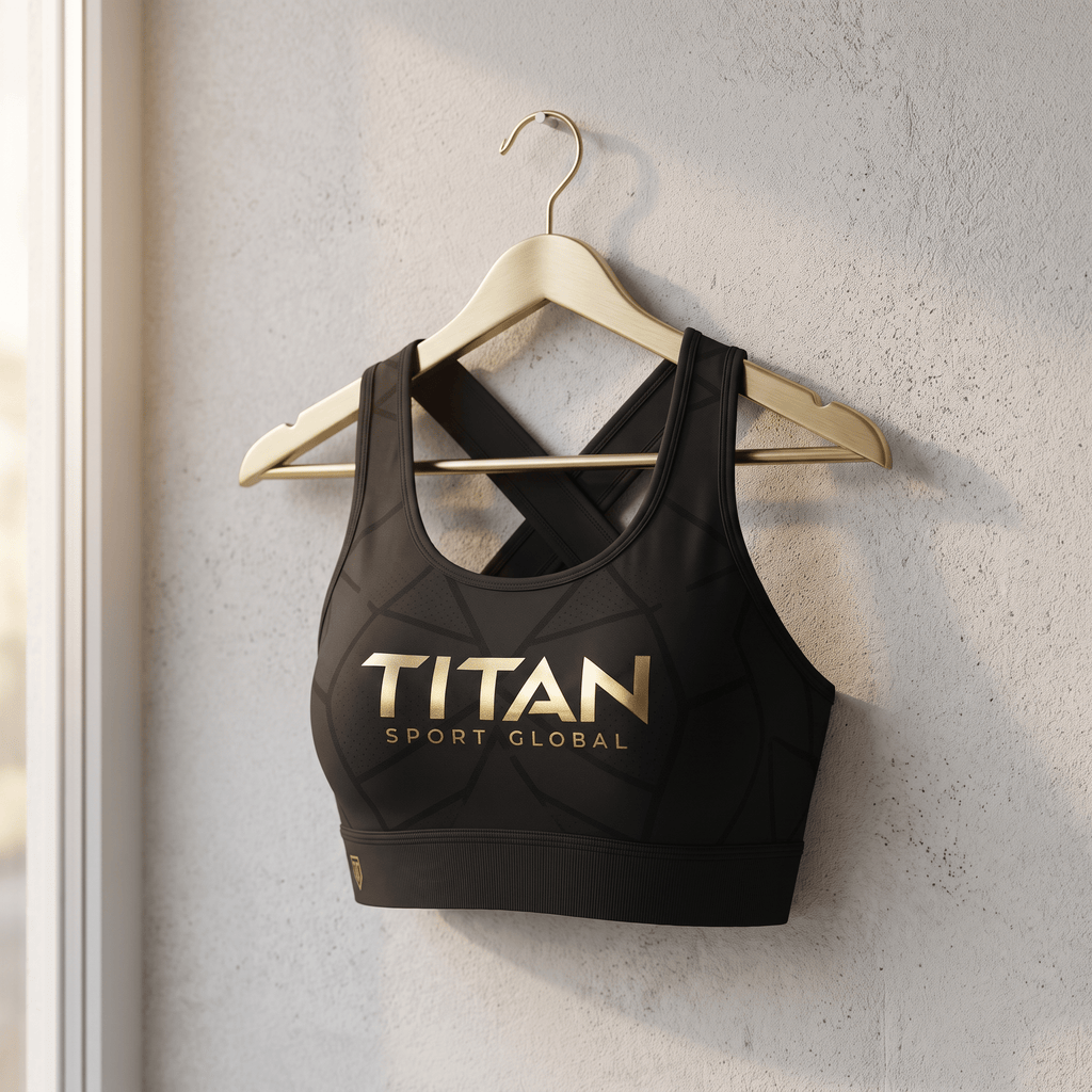 Black sports bra with a gold "TITAN SPORT GLOBAL" logo, hanging on a gold hanger against a textured white wall.