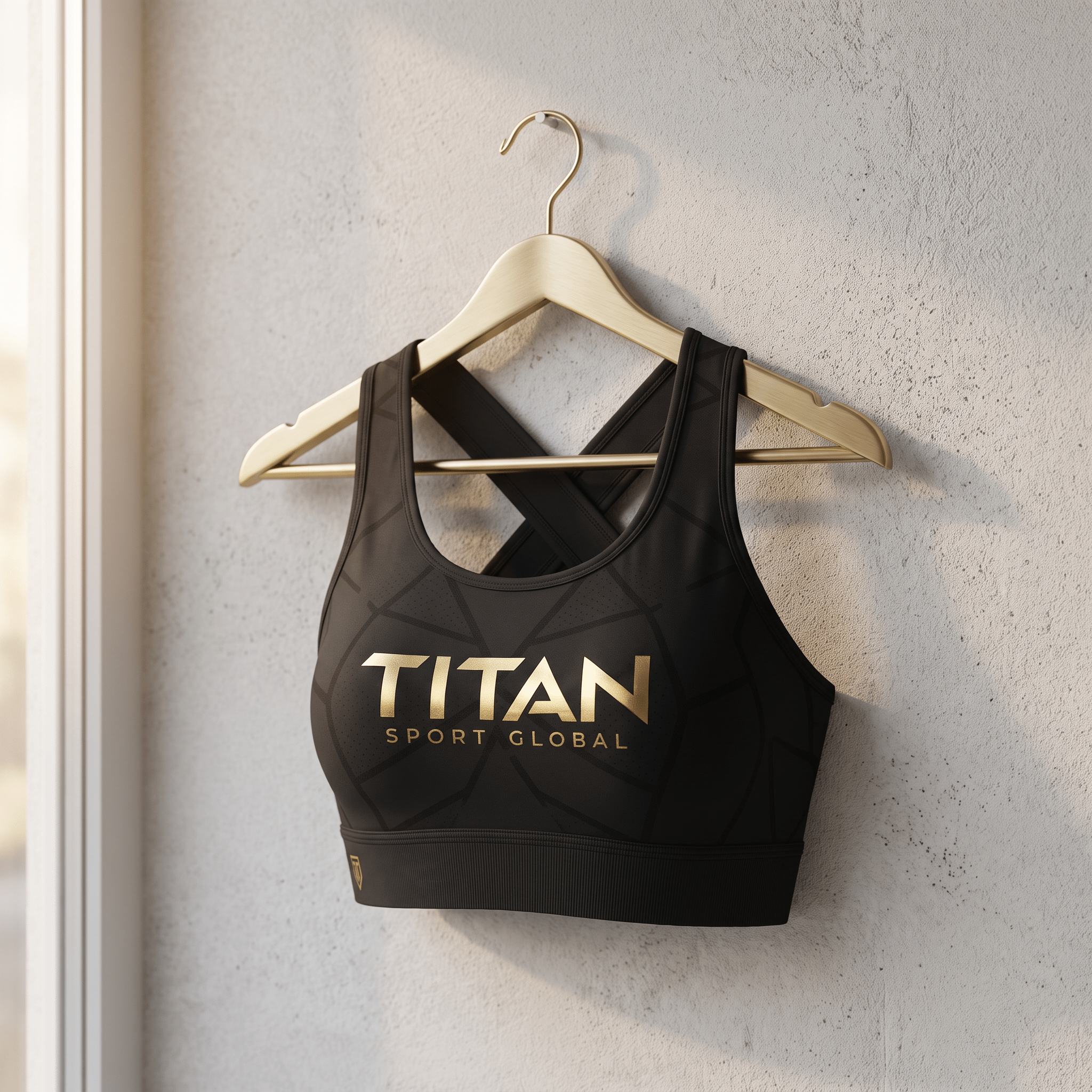 Black sports bra with a gold "TITAN SPORT GLOBAL" logo, hanging on a gold hanger against a textured white wall.