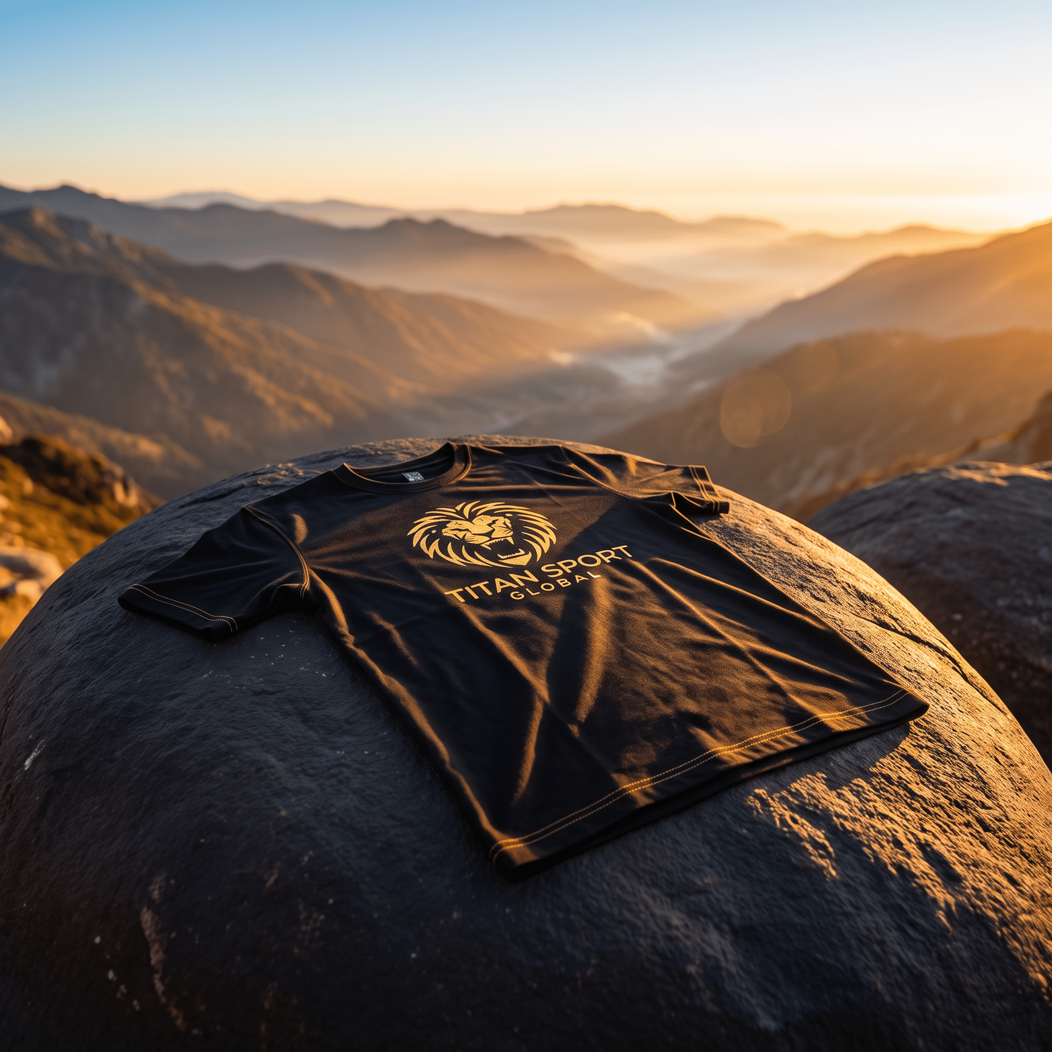 Black athletic t-shirt with gold lion logo and "Titan Sport Global" text, resting on a mountain rock at sunrise.