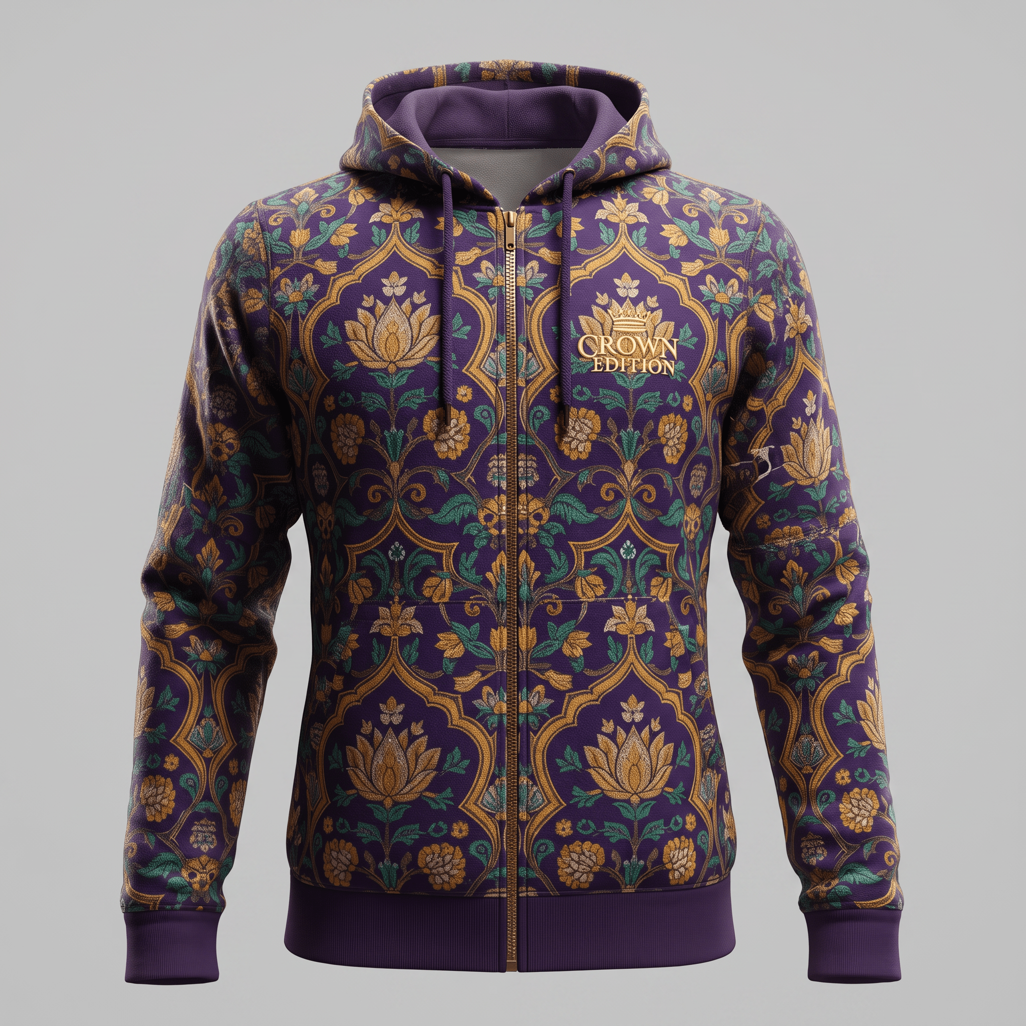 Purple zip-up hoodie featuring a gold and green damask floral pattern and Crown Edition logo.
