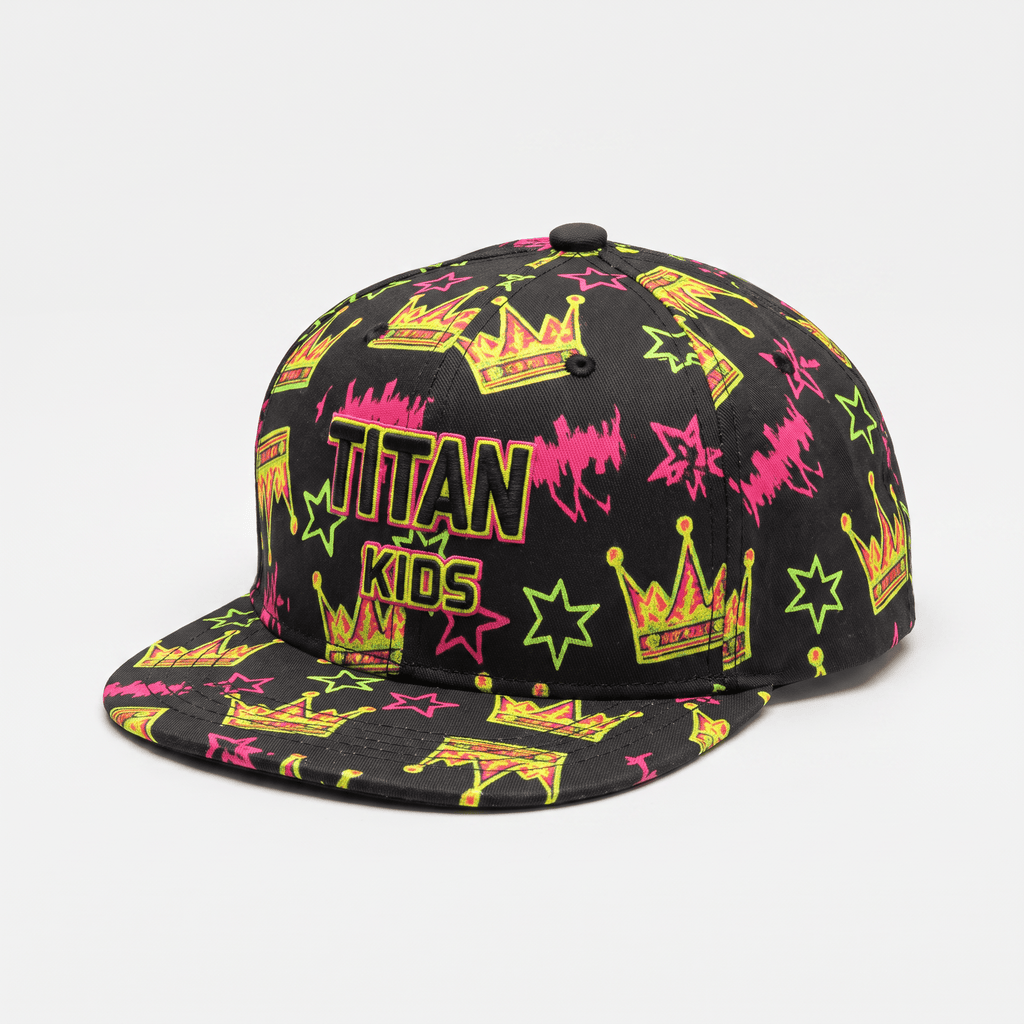 Black flat-brim snapback hat with colorful neon crown and star graphics and Titan Kids embroidered on the front.