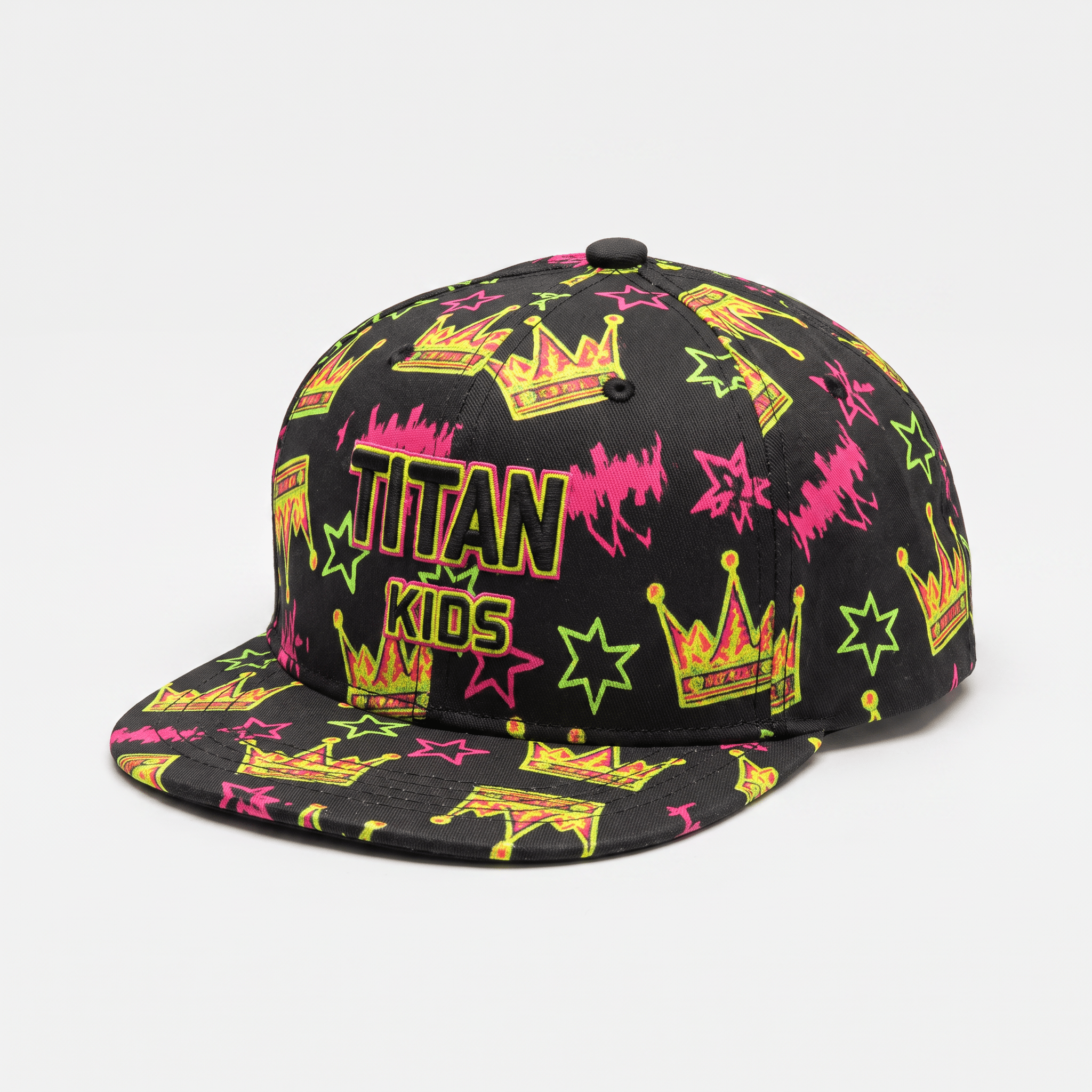 Black flat-brim snapback hat with colorful neon crown and star graphics and Titan Kids embroidered on the front.