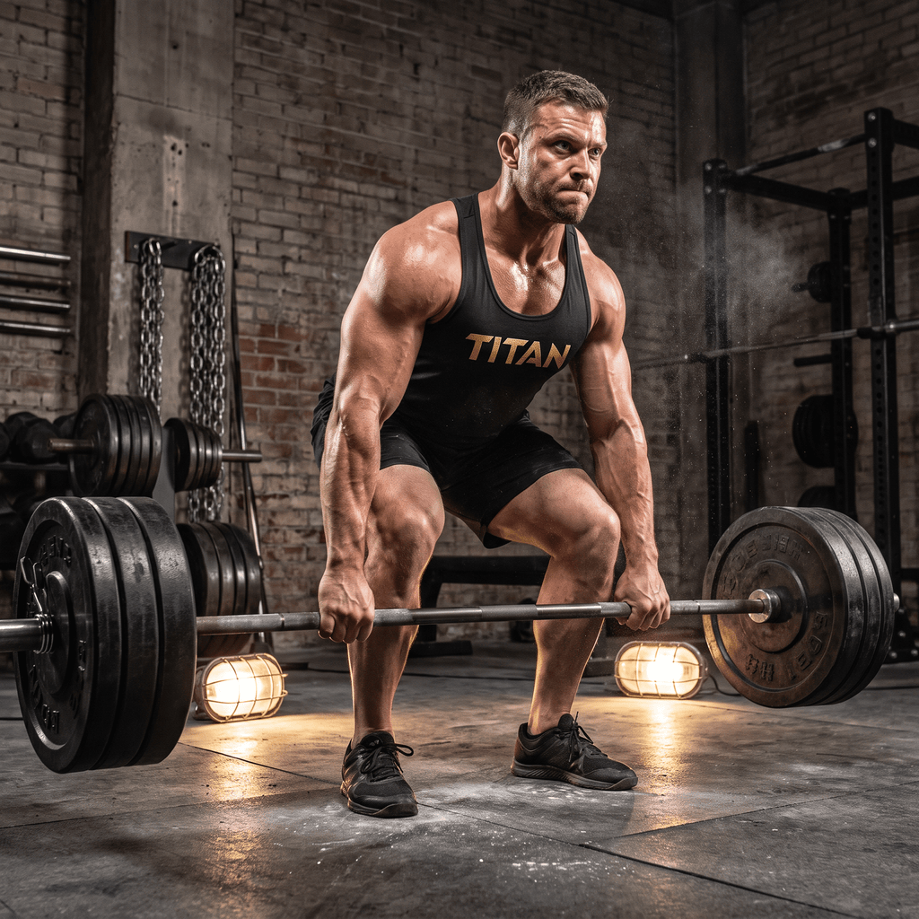 An athlete in a black Titan stringer tank top deadlifts a heavy barbell in a gym.