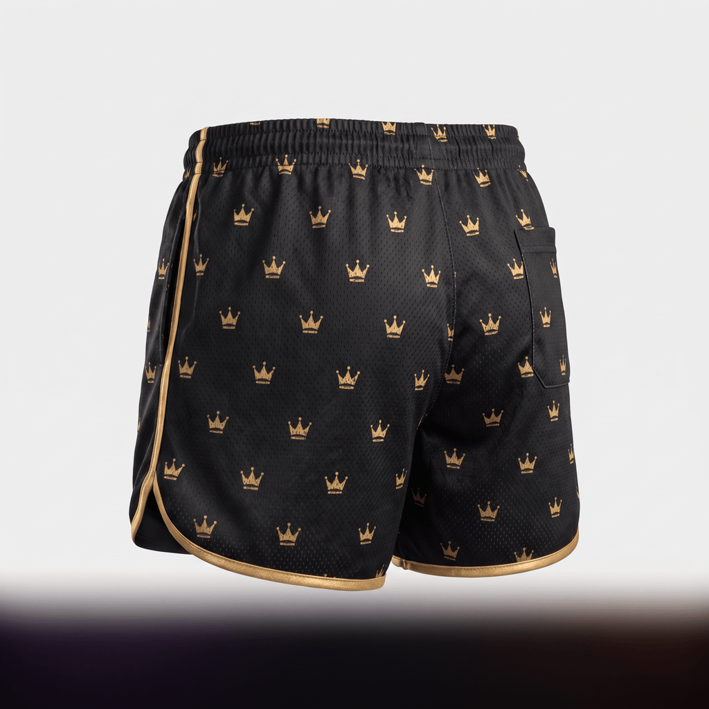 Back view of black athletic shorts with all-over gold crown pattern and gold trim on a white background.