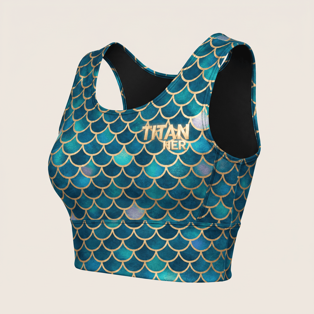 Teal athletic crop top with gold mermaid scale pattern and Titan Her logo.