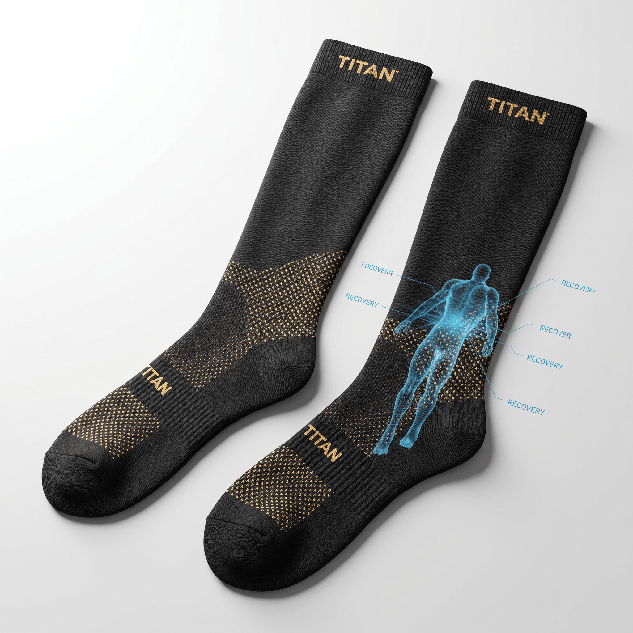 Black Titan recovery socks with gold details and a graphic showing human body recovery zones.