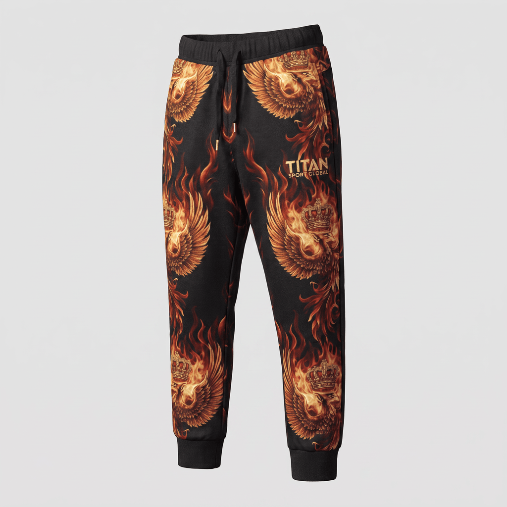Black sweatpants featuring an all-over graphic print of golden flames, winged crowns, and Titan branding.