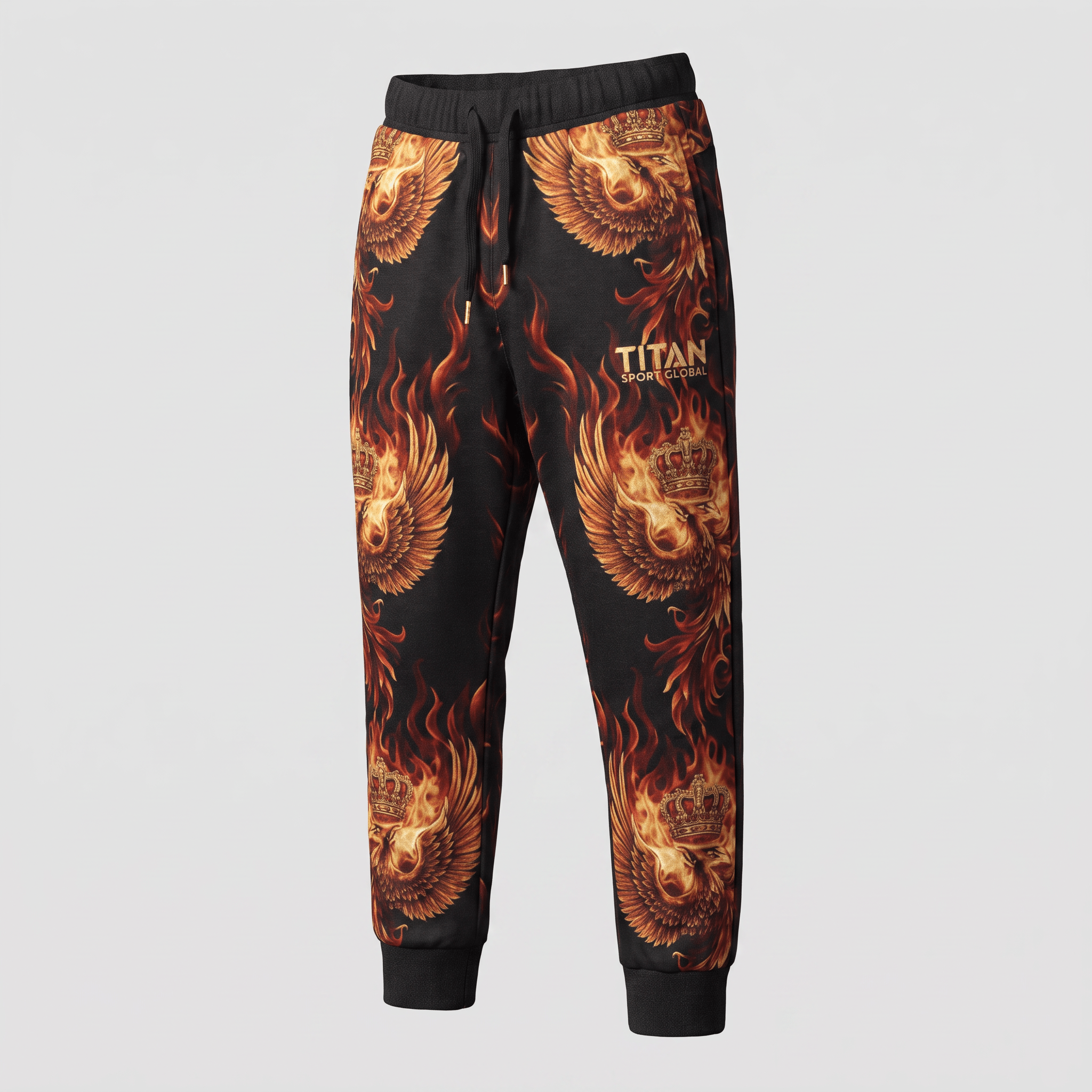 Black sweatpants featuring an all-over graphic print of golden flames, winged crowns, and Titan branding.