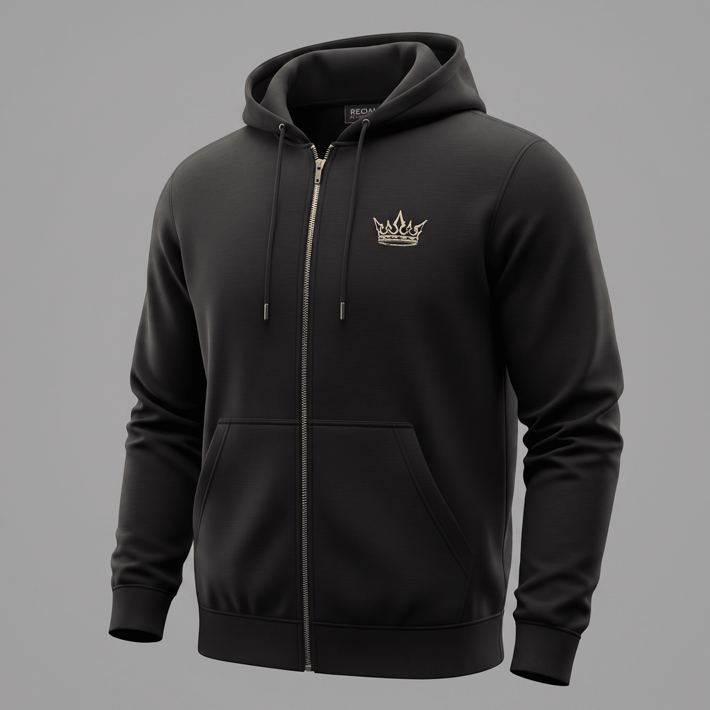 Black zip-up hoodie with a gold crown logo on the chest, hood, drawstrings, and front pockets.