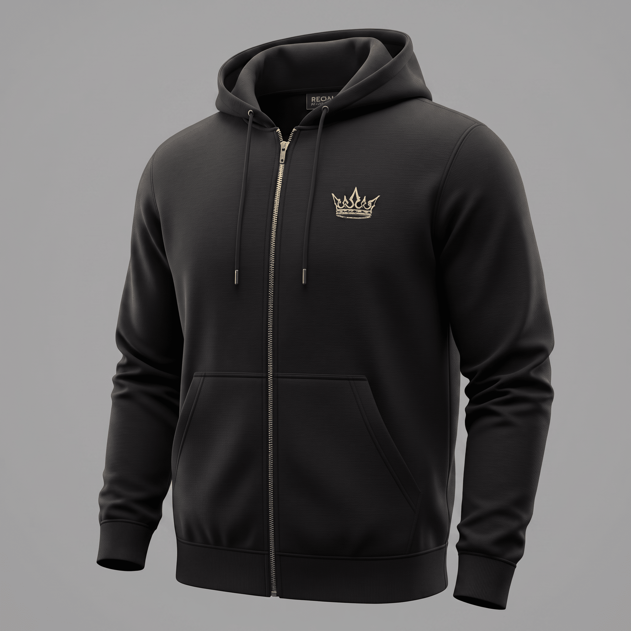 Black zip-up hoodie with a gold crown logo on the chest, hood, drawstrings, and front pockets.