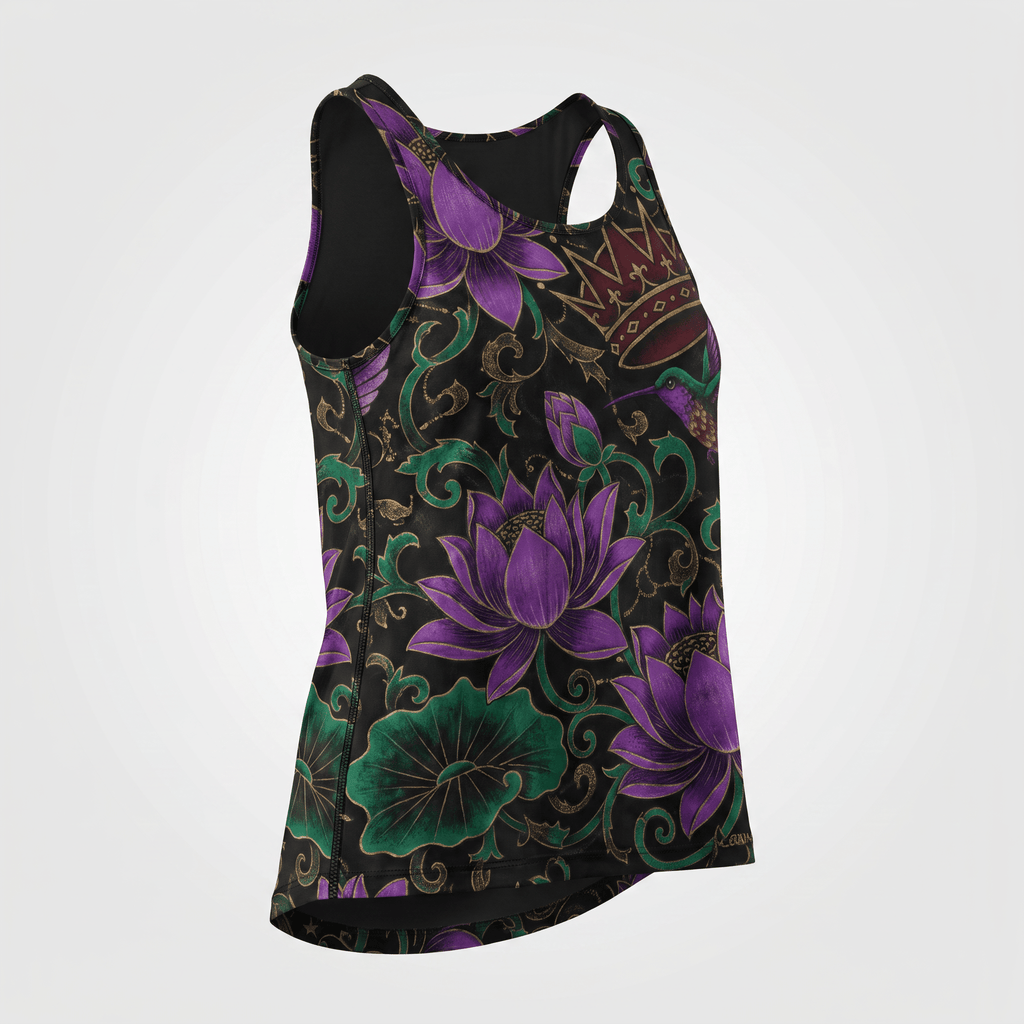 Black athletic tank top featuring a purple lotus flower and green vine print.
