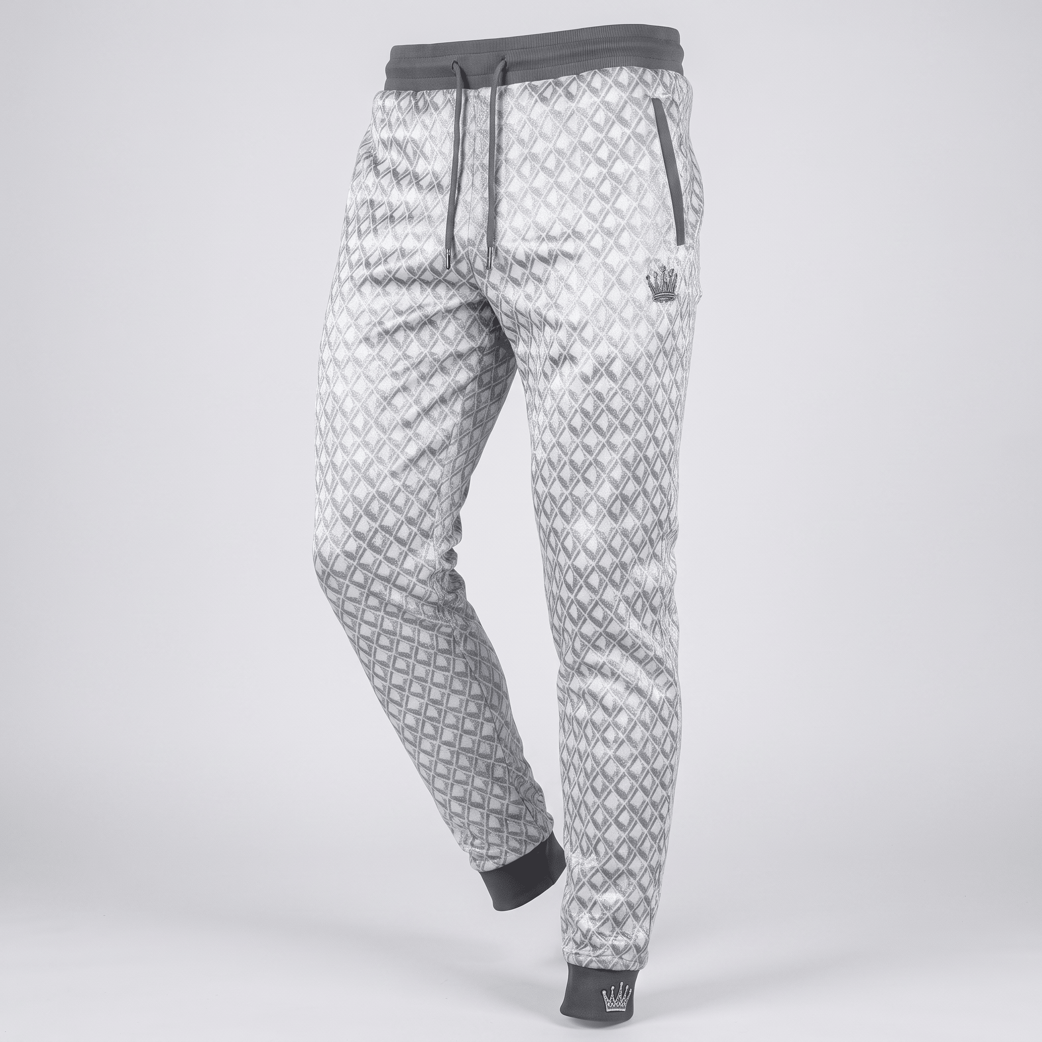 Silver patterned joggers with dark grey elastic waistband, cuffs, drawstring, and subtle crown logo.