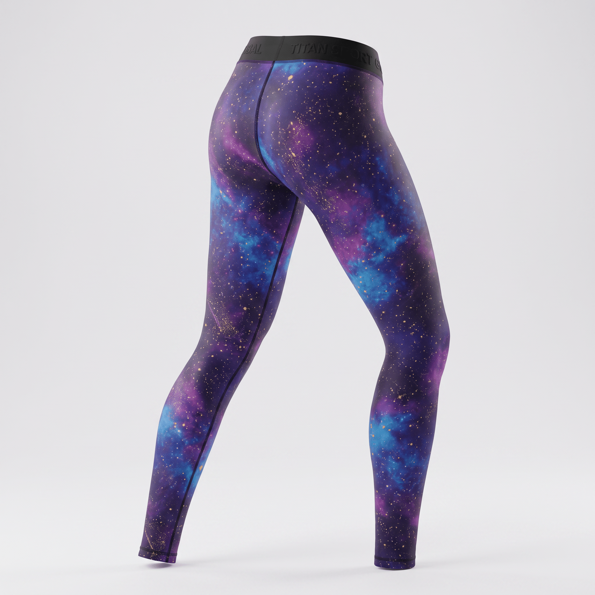Back view of purple galaxy print leggings with a black branded waistband on a white background.