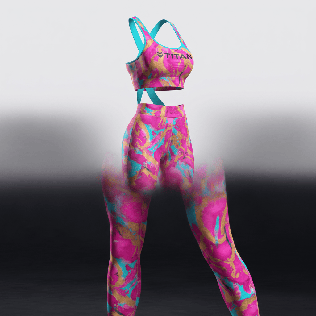 Titan pink, gold, and blue abstract print athletic crop top and matching high-waisted leggings set.
