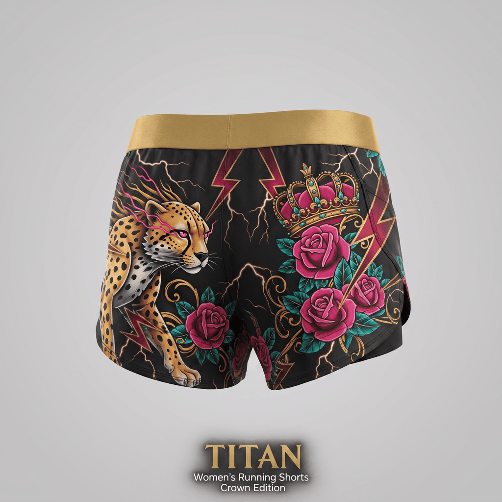 Women's running shorts featuring a cheetah, roses, crown, and lightning bolts on black with a gold waistband.