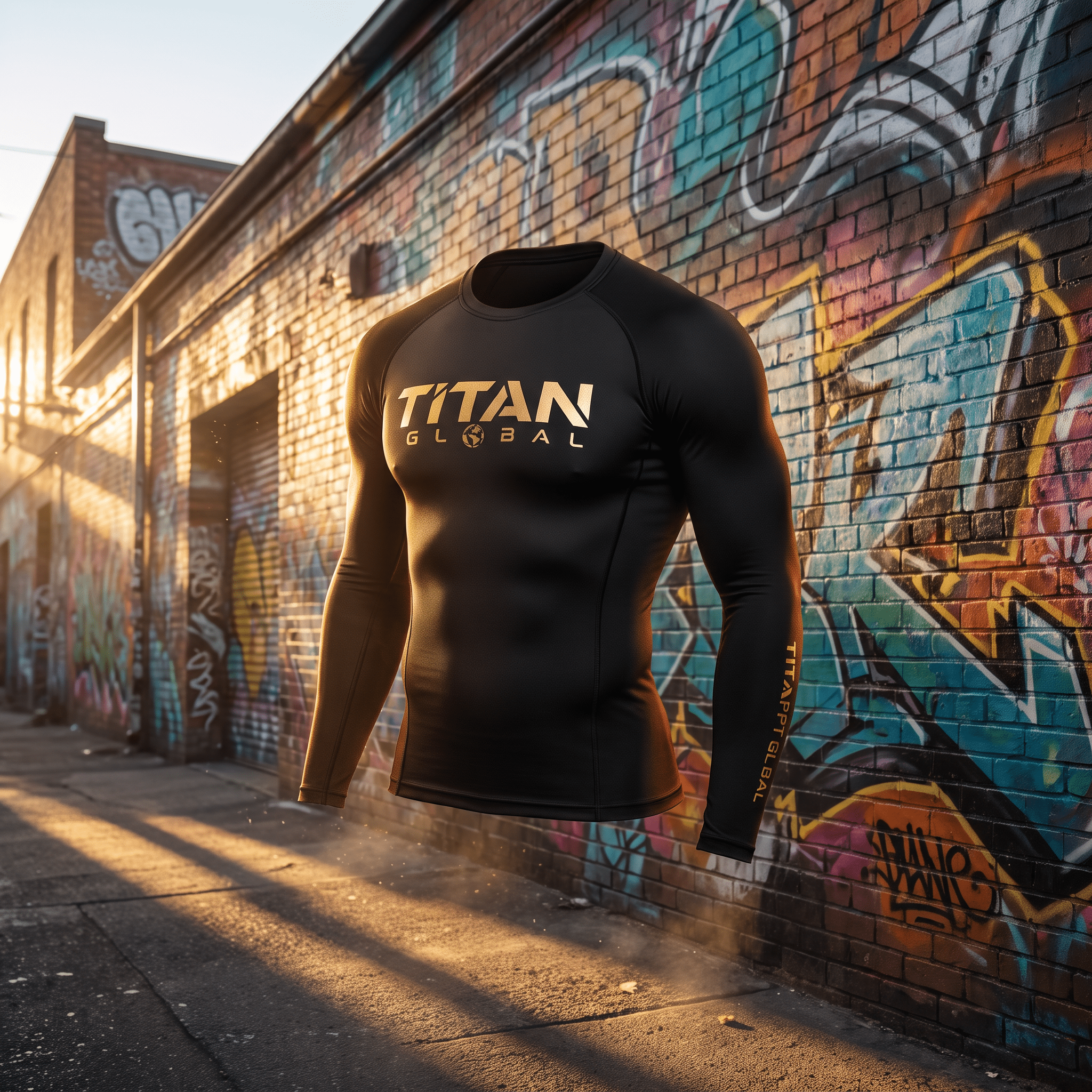 Black long-sleeve compression shirt with gold "TITAN GLOBAL" branding, centered against a graffiti brick wall.