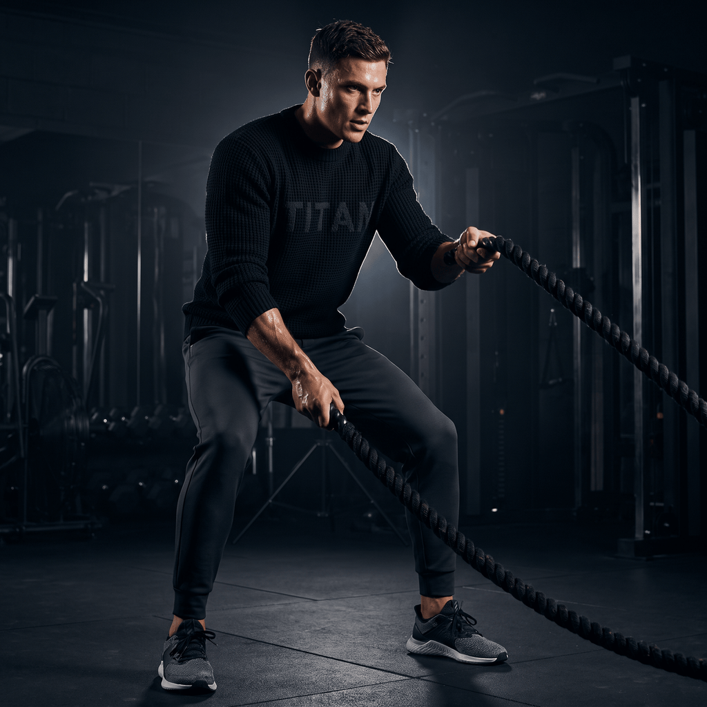 Athlete in a black TITAN relaxed fit crew neck sweater works out with battle ropes in a gym.